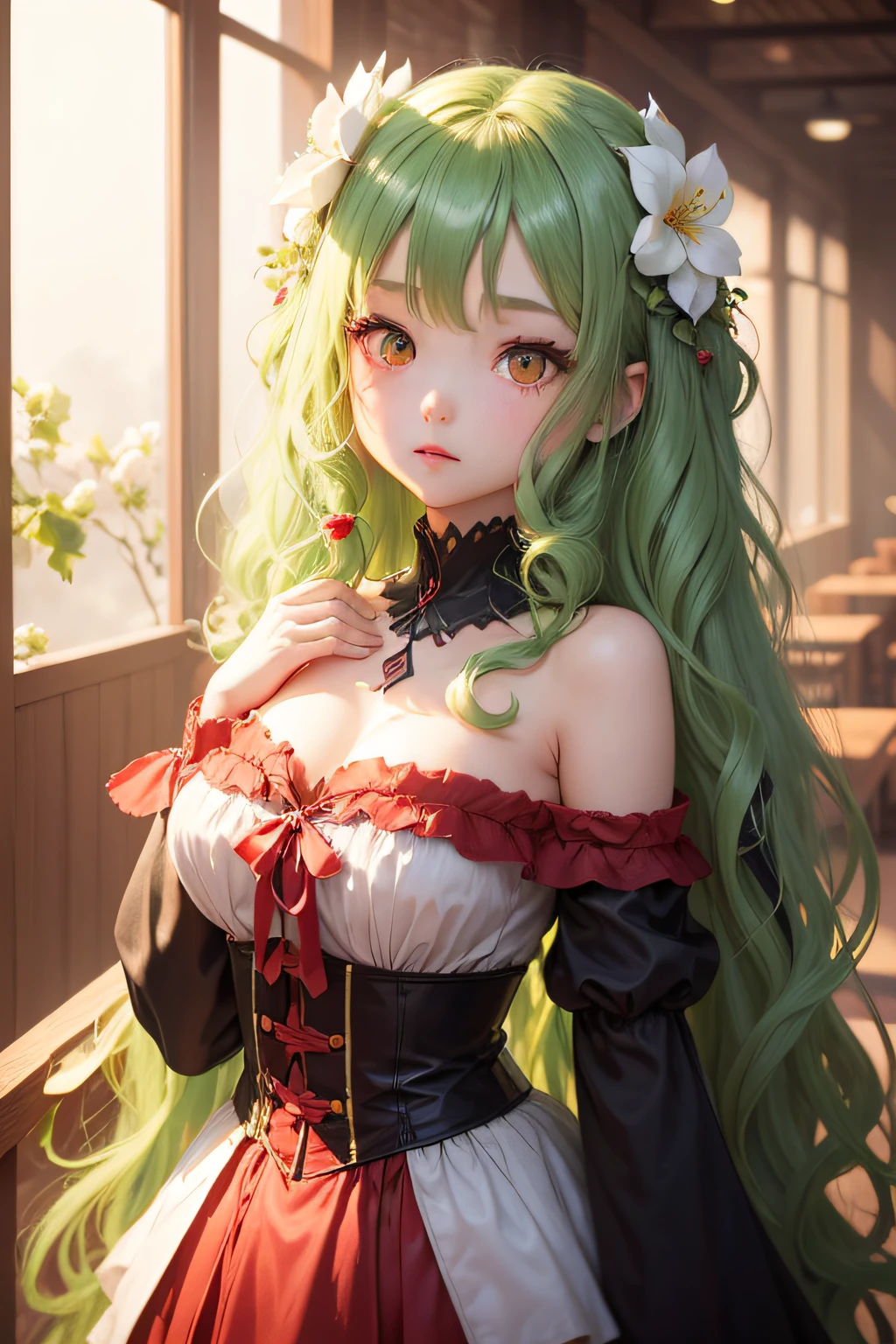 1girl , green wavy hair , red eyes , White Apple flowers bloom on my head, :AAA , +_+ , chibi , highly detailed, sparkling_red_eyes , hands on face , whole body view ,