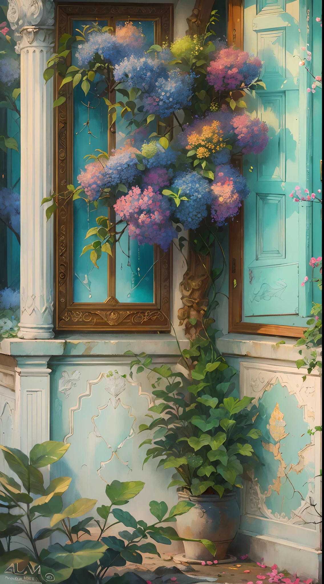 (best quality,4k,8k,highres,masterpiece:1.2),ultra-detailed,(realistic,photorealistic,photo-realistic:1.37),bright colors,beautiful garden,vibrant flowers,detailed petals,serene landscape,meandering river,winding road,professional,sharp focus,physically-based rendering,fine art,new perspective,immersive experience,playful atmosphere,harmonious composition,creative interpretation,elegant aesthetic,picturesque scenery,lush greenery,delicate brushwork,layered textures,vivid color palette,soft sunlight,subtle shadows,captivating beauty,peaceful ambiance,masterful craftsmanship,tranquil atmosphere,calming presence,refreshing vibes,serenity in nature,breathtaking view,ethereal charm,dynamic elements,invigorating energy,natural splendor,wondrous sight,soothing tranquility,alluring details,enchanting allure,whimsical touches,dreamlike qualities,aesthetic harmony.