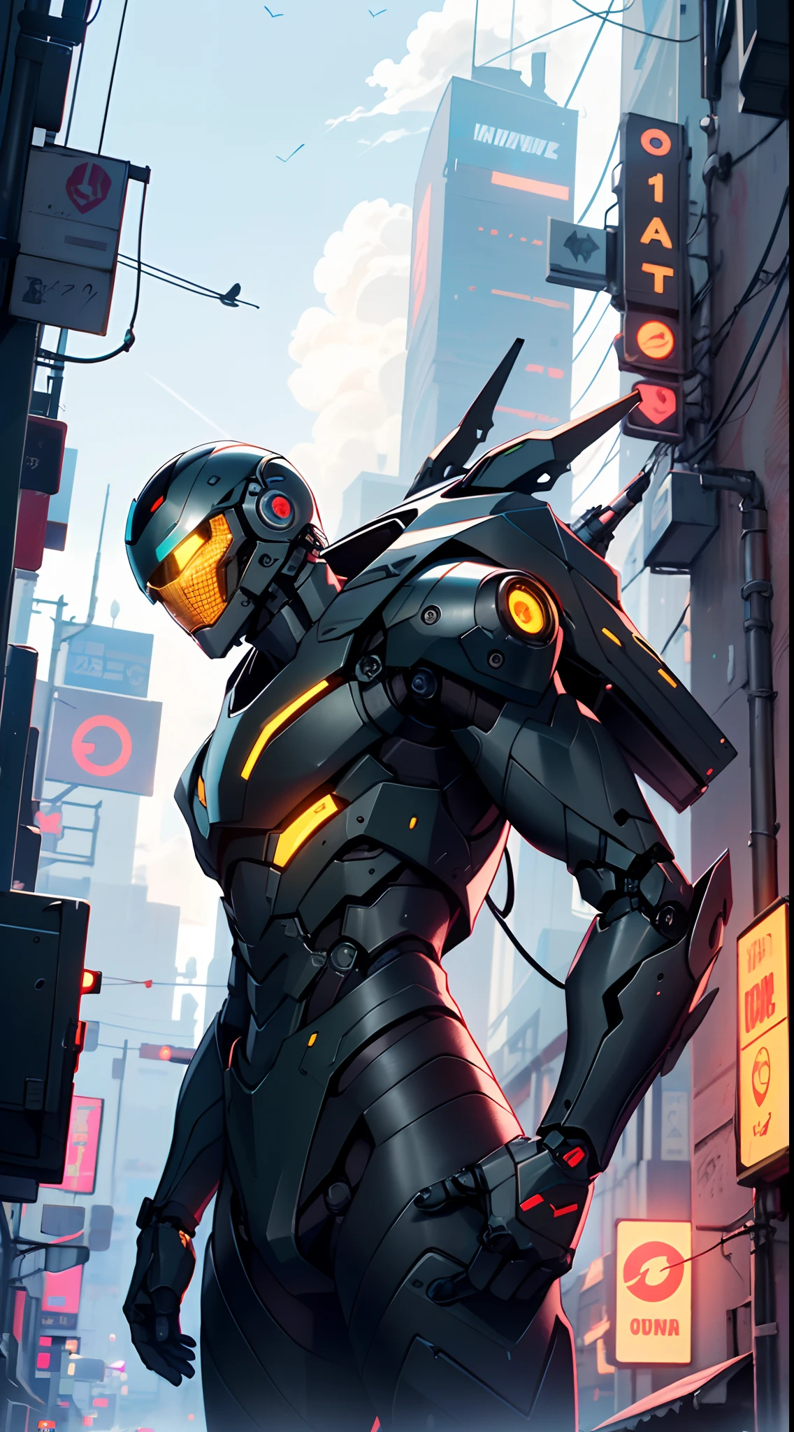 Imposing black plastic metal android robot,three meters tall and with a minimalist design that highlights its marked metallic musculature. His head is smooth and adorned with RGB lights that highlight his uniqueness and futurism.
He carries a metal backpack on his back that contains drones,turrets,and firearms. The backpack has spidery legs that allow it to move quickly.
Although most of his body is a deep,glossy black,there are orange,purple,and blue details that highlight his striking,futuristic design. It is undoubtedly an impressive creation that does not go unnoticed.
(((muscular))),hypermuscle, hyper muscles,carbon robot,humanoid robot, robot, robot joints, joints, helmet, armor, head-mounted display,(((robot with minimalist design))),
(dynamic pose:1.0),solo focus,(centered,scale to fit dimensions,Rule of thirds),
cyberpunk city by the ocean at night, with bright neon signs and dark stormy clouds and puddles, scenery:1.25,
artistic photography,(photography taken by sldr),highres, sharp focus, (ultra detailed, extremely detailed), (photorealistic artwork:1.37),(extremely detailed CG unity 8k wallpaper),((synthwave background theme)),(((vibrant colors))),(intricate background),(masterpiece),(best quality),
