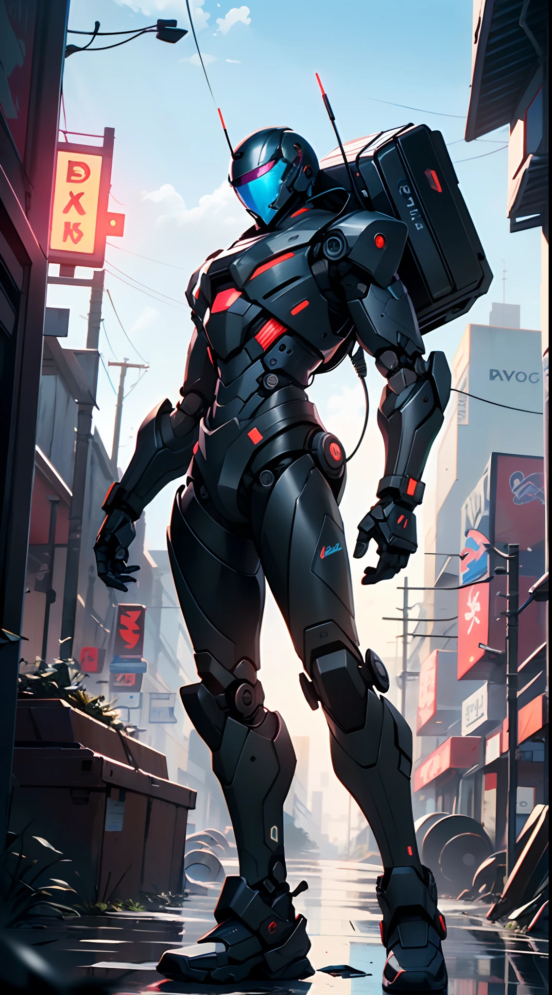 Imposing black plastic metal android robot,three meters tall and with a minimalist design that highlights its marked metallic musculature. His head is smooth and adorned with RGB lights that highlight his uniqueness and futurism.

He carries a metal backpack on his back that contains drones,turrets,and firearms. The backpack has spidery legs that allow it to move quickly.

Although most of his body is a deep,glossy black,there are orange,purple,and blue details that highlight his striking,futuristic design. It is undoubtedly an impressive creation that does not go unnoticed.

(((muscular))),hypermuscle, hyper muscles,carbon robot,humanoid robot, robot, robot joints, joints, helmet, armor, head-mounted display,(((robot with minimalist design))),

(dynamic pose:1.0),solo focus,(centered,scale to fit dimensions,Rule of thirds),

cyberpunk city by the ocean at night, with bright neon signs and dark stormy clouds and puddles, scenery:1.25,

artistic photography,(photography taken by sldr),highres, sharp focus, (ultra detailed, extremely detailed), (photorealistic artwork:1.37),(extremely detailed CG unity 8k wallpaper),((synthwave background theme)),(((vibrant colors))),(intricate background),(masterpiece),(best quality),