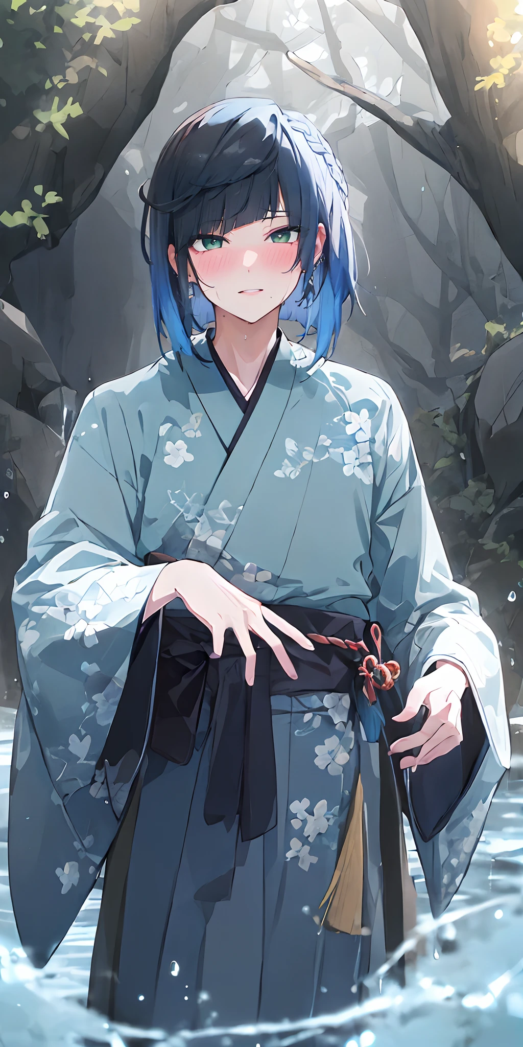 yelan_genshin, (blue hair:1.4), multicolored hair, short hair, green eyes, long hair, japanese_clothes, solo, nature, 1boy, bangs, outdoors, standing, forest, looking_at_viewer, water, blurry, male_focus, tree, wide_sleeves, hakama, blurry_foreground, water_drop, kimono, rock, long_sleeves, depth_of_field,