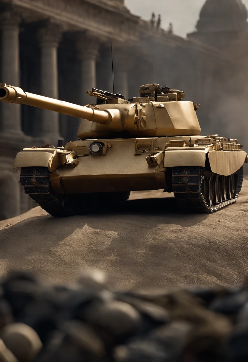 Interior of a Palace with marble floor with tank on the grounds, marble aesthetic, ((green colored M1 Abrams Tank on the floor)), Large tank on marble floor, white marble, shiny floor, marble floors, red padded, Greek Roman Columns, royal aesthetic, Golden details, Gold ((masterpiece)), color photograph, (sharp focus:1.2), tank on grounds,  extremely detailed, intricate, dramatic lighting, moody and melancholic atmosphere, sony a7 IV film stock photograph 4 kodak portra 400 camera f1.6 lens rich colors hyper realistic lifelike texture, best quality dramatic lighting cinestill 800, deep shadow, photo, Highly detailed, wide angle lens, depth of field, bokeh, 4K, HDR, absurdres, hyperrealistic, photorealistic, 1980s.