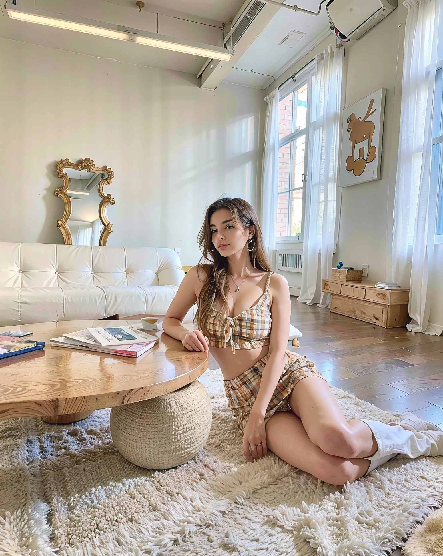 Araffe sitting on the floor in a living room with a coffee table, with backdrop of natural light, Sentado en una mesa, sitting in a lounge, Sentado en una mesa de color moca, Kailee Mandel, sobre una mesa blanca, sentado encima de una mesa, sobre una mesa, sitting in her room, inspirado en Esaias Boursse, perfectamente equilibrado