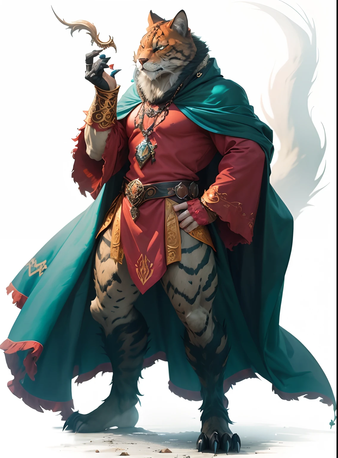 8k, masterpiece, best quality, realistic, higly detailed, cowboy shot, 1female, 1fiend, malevolent and cunning fiend, standing at 7 feet tall, humanoid build, body covered in orange fur, fur cover sleek and resemble that of a big cat, aspect, feline head, sharp predatory amber eyes, pronounced predatory fangs, sharp theet, two arms, clawed hands, digitigrade legs resembling those of big cats, powerful and built for agility and strength limbs, long sinuous tail, elaborate and often luxurious clothing and jewelry, opulence and might wear, silken robe adorned with gemstones, rings, amulets, sharp, retractable claws, intelligent and devious, mastery of illusion and enchantment