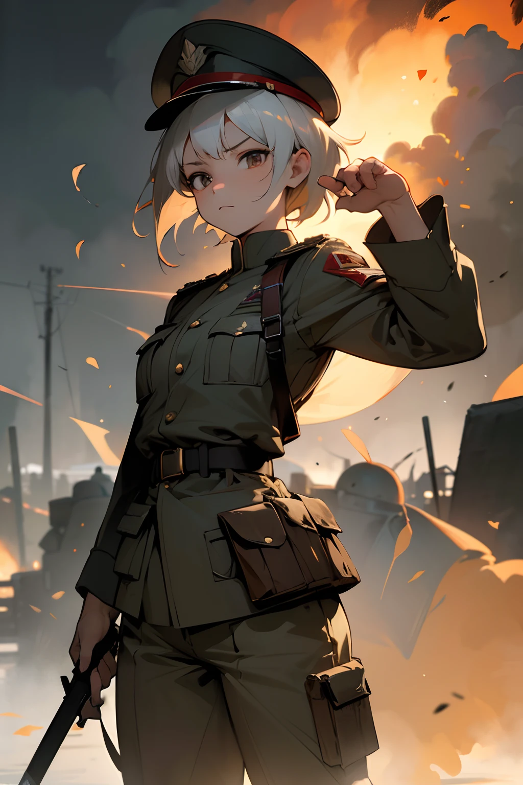(best quality,4k,8k,highres,masterpiece:1.2),ultra-detailed,(realistic,photorealistic,photo-realistic:1.37),anime,war,woman,young woman,strong woman,short hair,hair tied back,white colored hair,red colored eyes,medium chest,small thighs,big body,WW2 clothes,serious expression,determined eyes,kind face,military uniform,military cap,weapon in hand,action pose,frontline,smoke and dust,destroyed buildings,in the midst of battle,explosions in the background,dynamic lighting,war-torn landscape,muted color palette,intense atmosphere