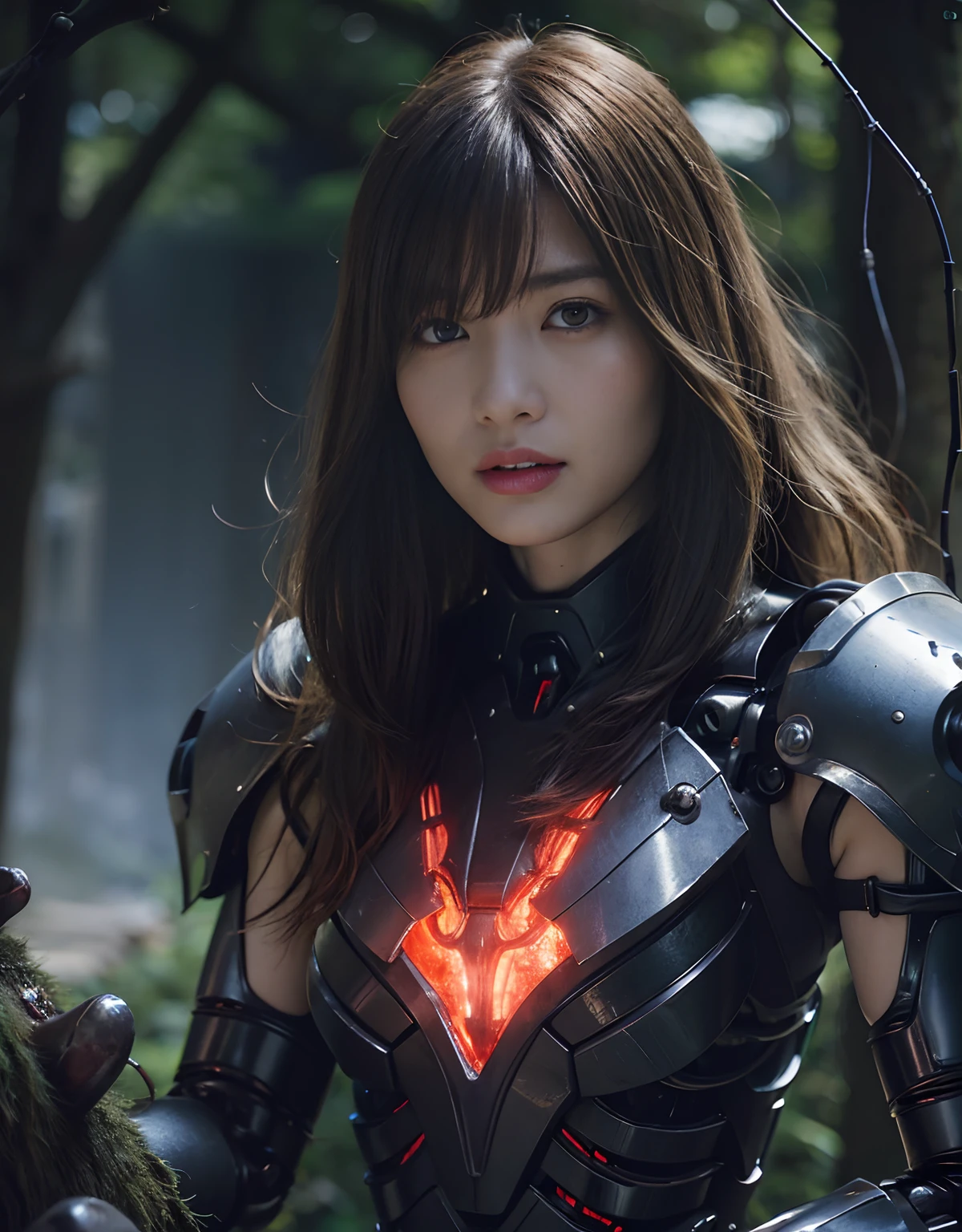 (1 Mechanical Girl)、top-quality、masterpiece、超A high resolution、(Photorealsitic:1.4)、Raw photo、女の子1人、Fight mutants、glowy skin、(((1 Mechanical Girl)))、With a beautiful knife、(Blue Metal Bodysuit)、(Kobold、ogre、Fierce battle with orcs),(Fight fiercely against aliens)、Fight fiercely、(beautiful forest background)、(Fighting Demonic Beasts)、(Small LED)、((super realistic details))、portlate、(Strong giant demon beast background),globalillumination、Shadow、octan render、8K、ultrasharp、Colossal tits、Raw skin is exposed in cleavage、metals、Details of complex ornaments、Japan details、highly intricate detail、Realistic light、(Mystical expression),CGSoation Trends、Red Eyes、radiant eyes、Facing the camera、neon details、(Mechanical limbs)、(blood vessels connected to tubes)、Mechanical vertebrae attached to the back、mechanical cervical attaching to neck、(Wires and cables connecting to the head)、Gundam、Small LED、,Mechanical thighs、Toostock、(Hands are also made of machines)、(Attack of the Monster Beasts)、(Wounded in a deadly battle)、