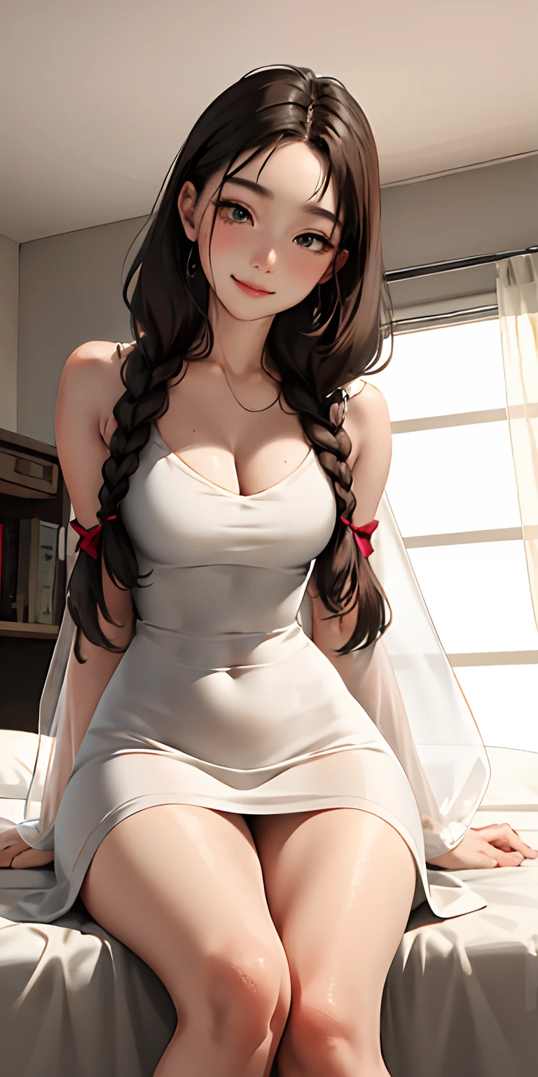 realisticlying、Face Real、Real 18 year old girl with braided hair、Close up of tight fit long dress in beige thin fabric looking up from directly below、A sexy、thicken the thighs a little、、Sexy Posing、Smile、girls bedroom