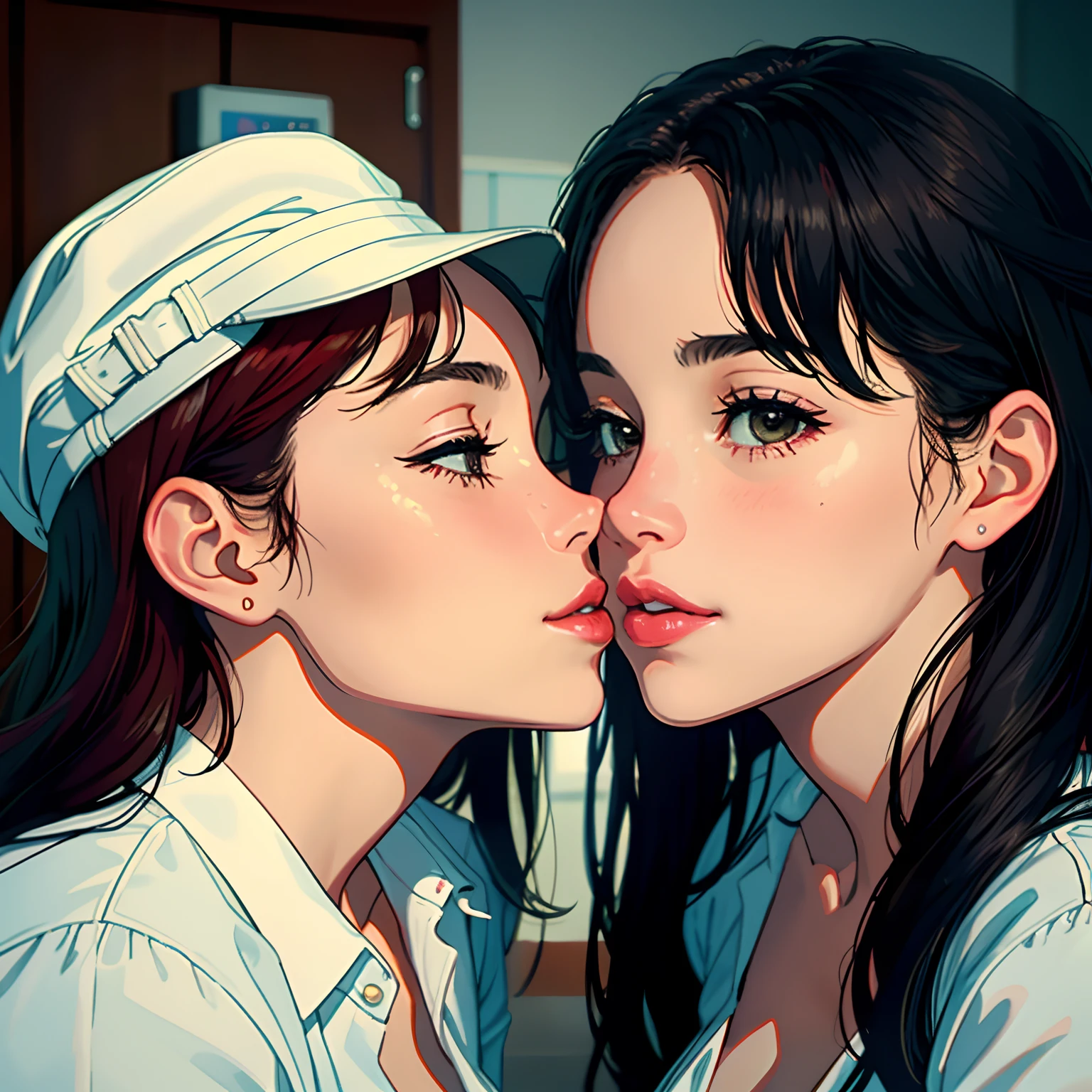 a close up of a woman kissing a woman in a room, netflix, kissing together cutely, kissing, kissing, romantic!!!, high quality film still, kissing together, the kiss, ❤🔥🍄🌪, beautiful, they are in love, hot, kiss, romance, movie, instagram photo, beautiful gorgeous