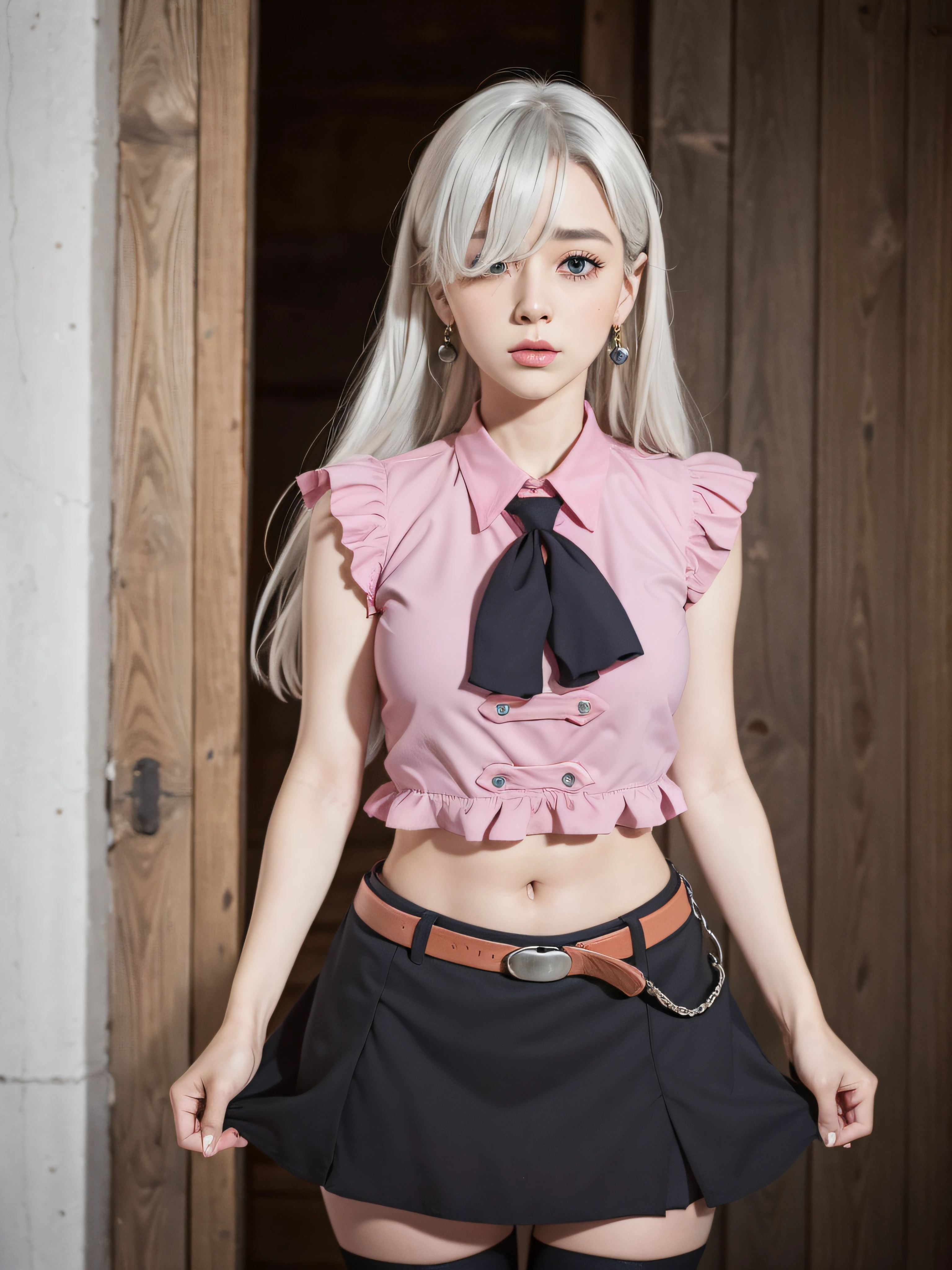 Khmeliza, 1girl in, Hair above one eye、White hair、long、Jewelry, single thighhigh, Midriff, Black skirt, Asymmetrical legwear, ((PINK SHIRT)), black thighhighs, Belt bag, Miniskirt