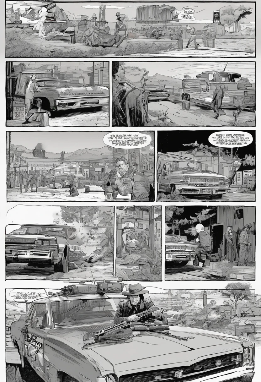 (monochrome), black and white detective comic, kovu, (sequential art:1.2), action scene, gunfire, pose, dynamic pose, (speech balloon), duo, duo focus, motorbike, car chase,
BREAK,
(Al Feldstein:1.2), detailed background:1.1, (high detail:1.2, film photography, RAW photo, analog style, absurd res),  <lora:kovu:0.7>,