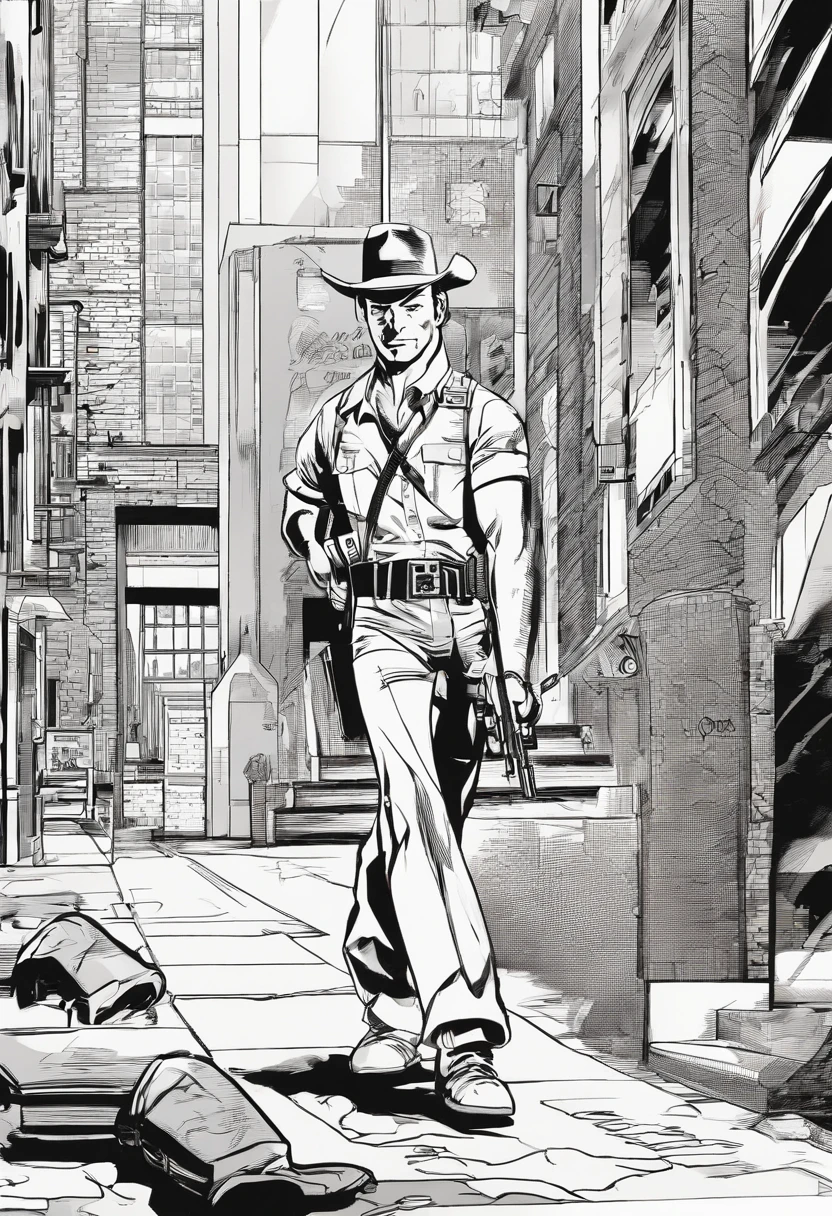 um desenho preto e branco de um homem sentado em um banco, Arte da Linha Rick Grimes, Directed by: Roy Dalgarno, Directed by: Milton Caniff, Directed by: Hugh Hughes, Directed by: Eugene Montgomery, segurando fuzil, inspirado em Milton Caniff, Directed by: Andrew Loomis, man is carrying a rifle, Directed by: Jerry Wilkerson, fumar e segurar uma arma, segurando um rifle, preto e branco,tons de cinza,Graycale, monocromatic, estilo John Buscema, arte TEX,