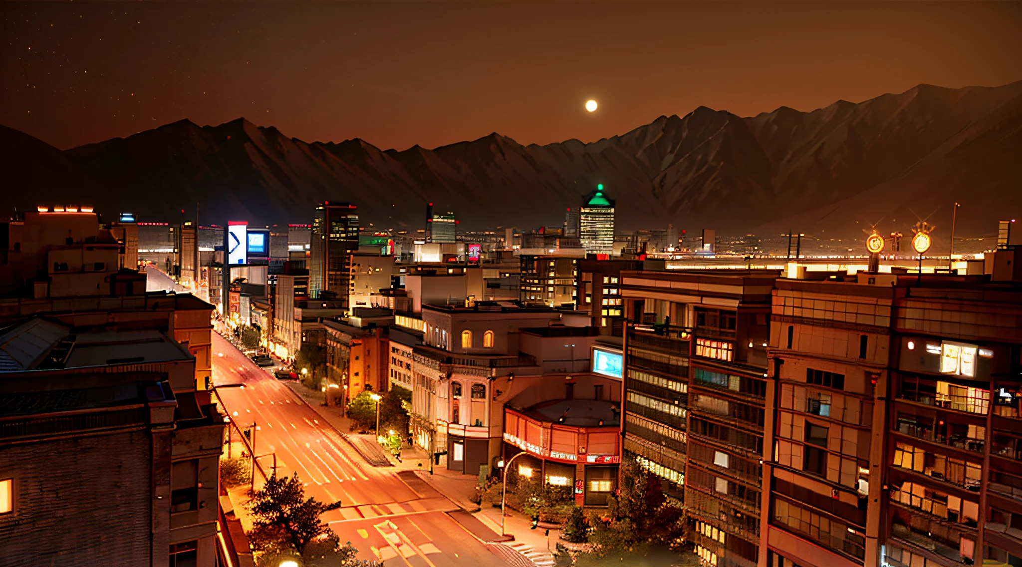 (4k wallpaper), (masterpiece), (best quality), (high definition the street highway), Futuristic city located in the planet Mars, red lights, blue neon lights, highway with spaceships and transportation, (a high detailed big size blue full moon with details), symmetrical buildings, Photograph of a busy city street at dusk, taken from a low angle, with towering buildings and vibrant neon lights.