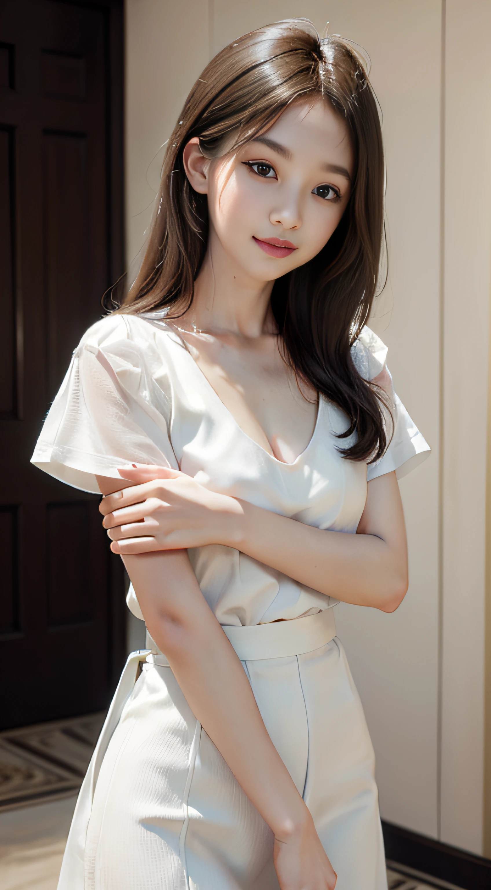((Pretty Girl from Sri lanka :1.3)) ((Sri Lanka Uniform :1.4)),(( Short sleeve white dress is paired with a white skirt:1.4)),((Unbuttoned to reveal breasts))(Large Breast: 1.1 ) ) (Close: 1.2)) Best Condition, Masterpiece, Ultra High , (Photo Realistic: 1.4), Raw Photo, (Overall Texture: 1.3) , (Film Cinematic: 1.3) , Panorama, Character Portrait Ultra Wide Shot, Narrow Waist , Cowboy Shot, (Dark, Visible Shadow, Low Key, Cold Light, Natta, ( )), Flowing Tears, Liquid, Tyndall Effect, ( Expressions ), 1 Girl , Beautiful detailed eyes and face, White Jabot, Eyes, (( Brown Hair: 1.2)), ((Smile : 1.3)), ((Good)))