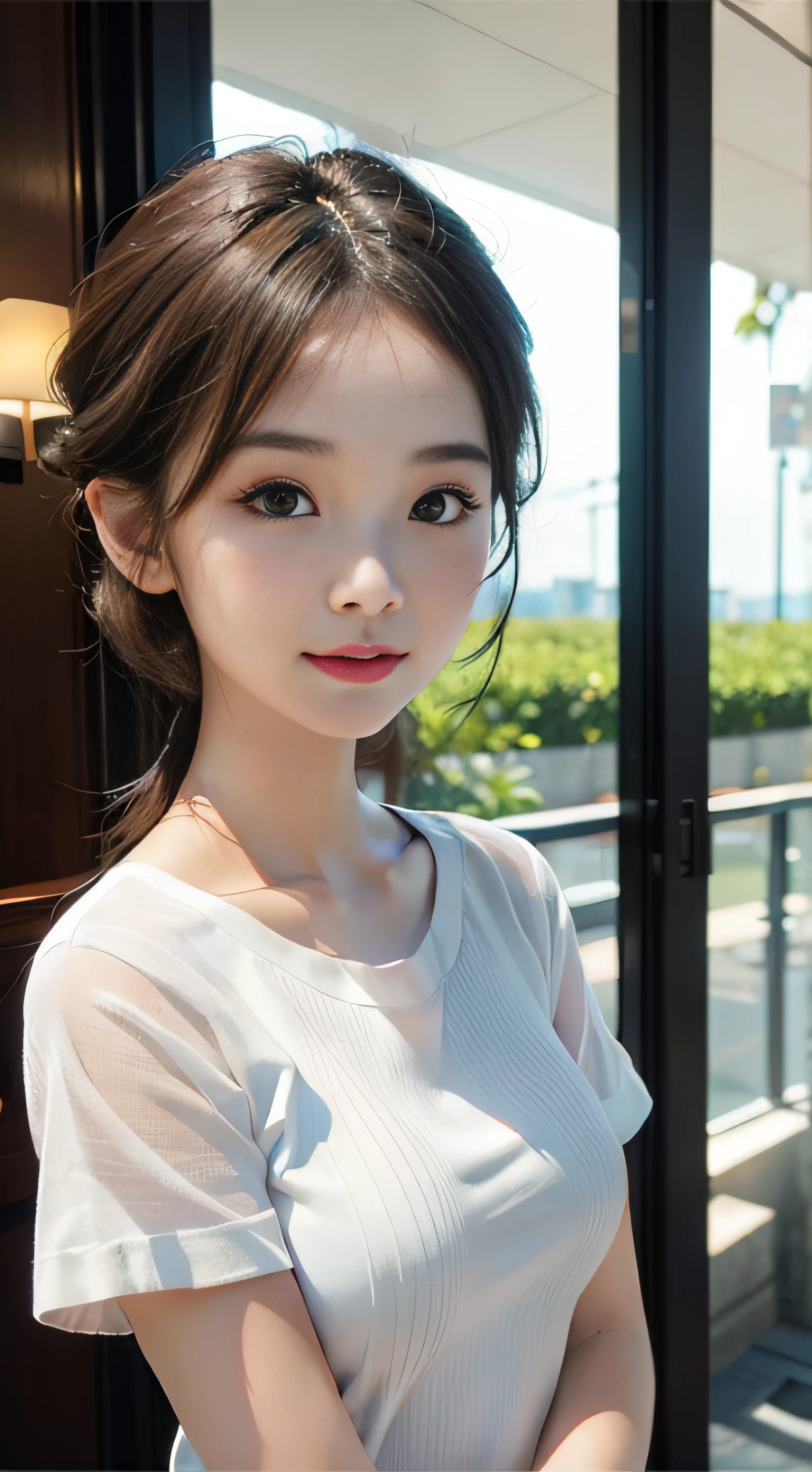 ​masterpiece、Top image quality:1.2、((beautiful young woman with))、Transparent skin:1.2、{A slight smil}、(kawaii)、Short sleeve knit、luxury hotel、depth of fields、Sharp Focus、Fine details