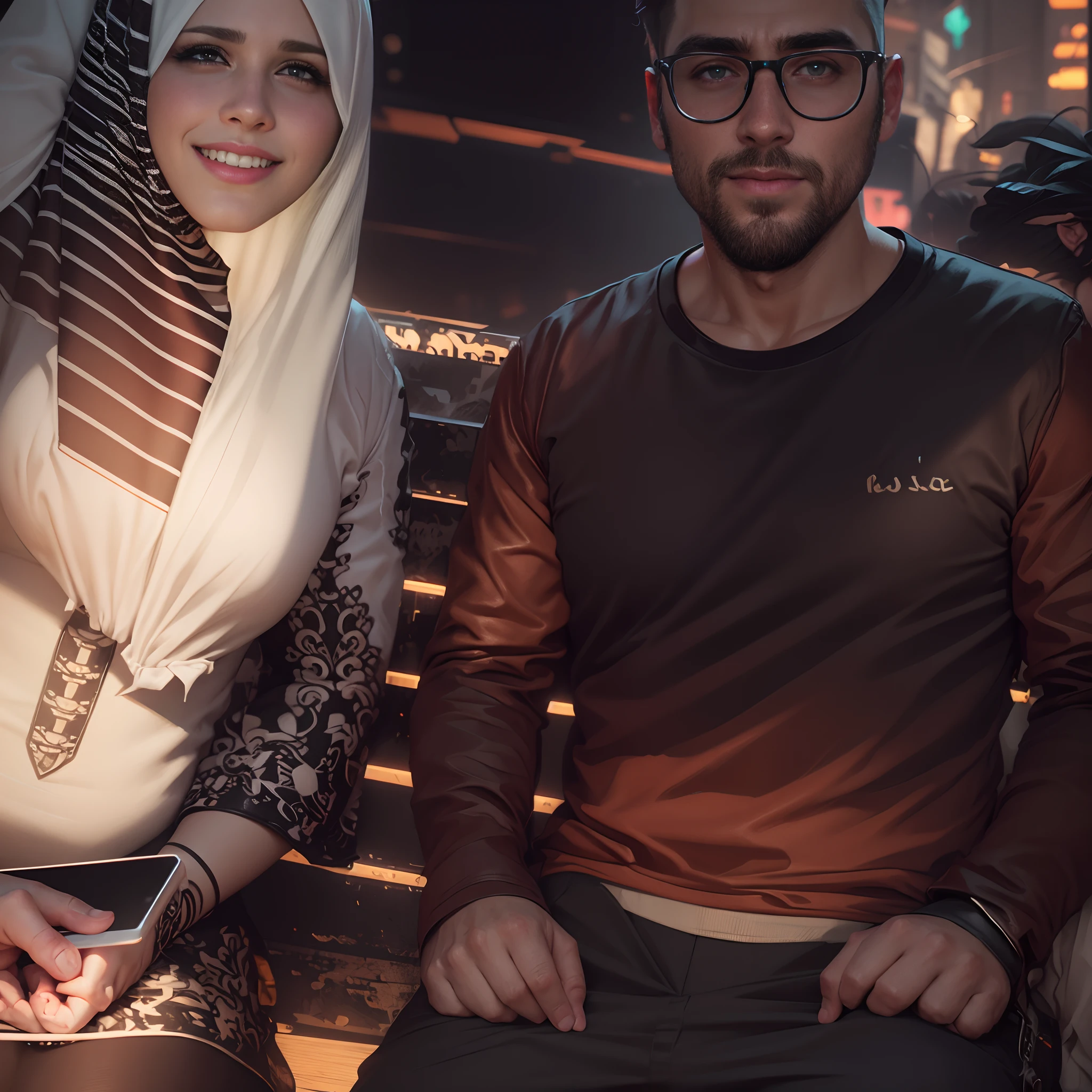 change background cyberpunk handsome couples, realistic face, 8k, ultra realistic