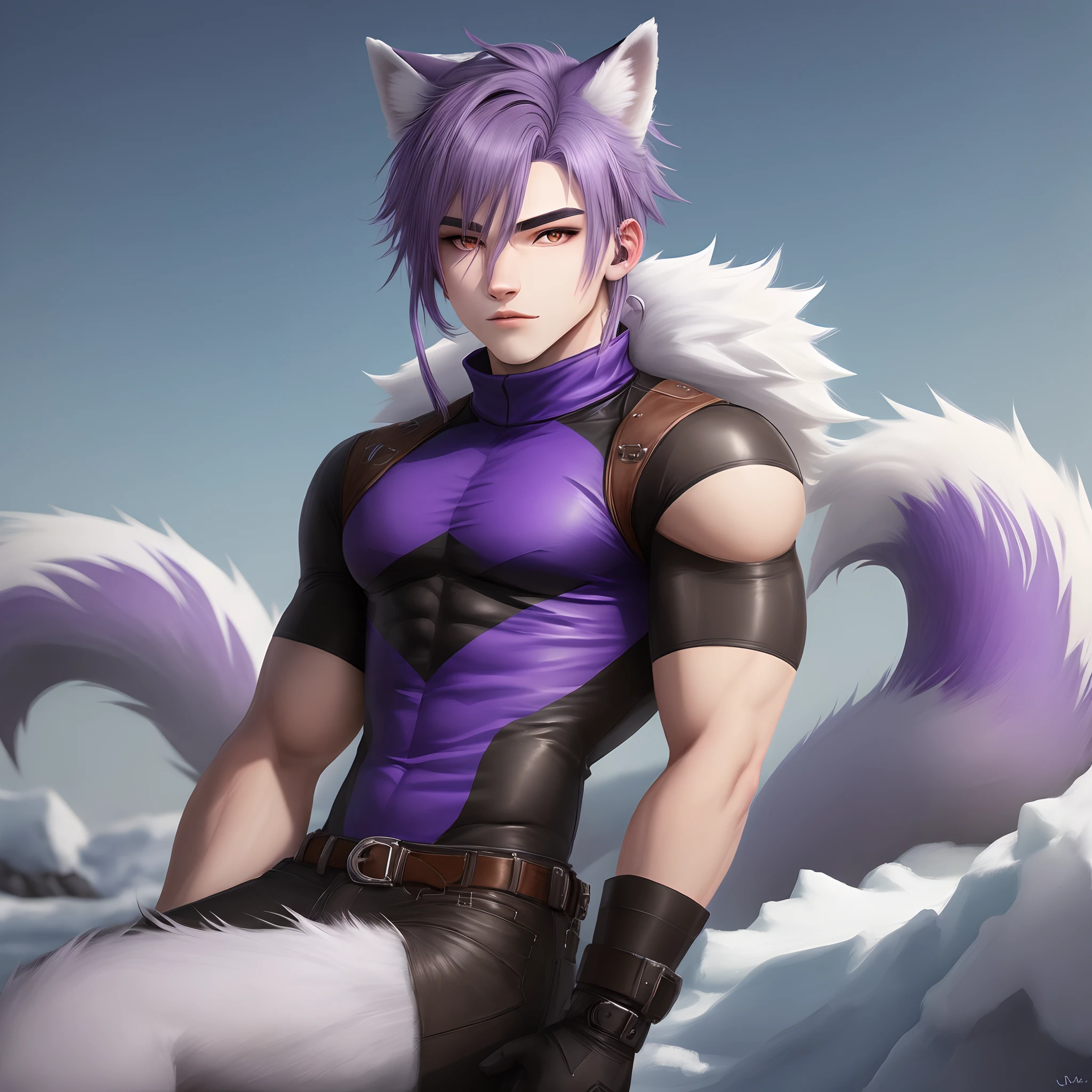 Arctic Fox Furry Anthro. Purple hair in pony tail. Gray eyes. Goth with blue accents. Slim but masculine. Teen.
