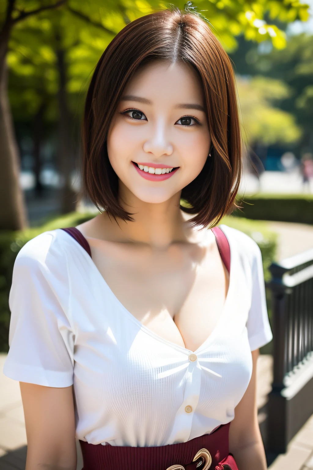 (a 20 yo woman)、lovely face、Pretty bright smile、 Clothing that emphasizes cleavage、Away from the shoulders、white  shirt、White pants、(short hair with shiny burgundy and brown stripes,)、looking at the viewers、full bodyesbian、From  above、up looking、beautifull hands、Enjoy a walk in the park、