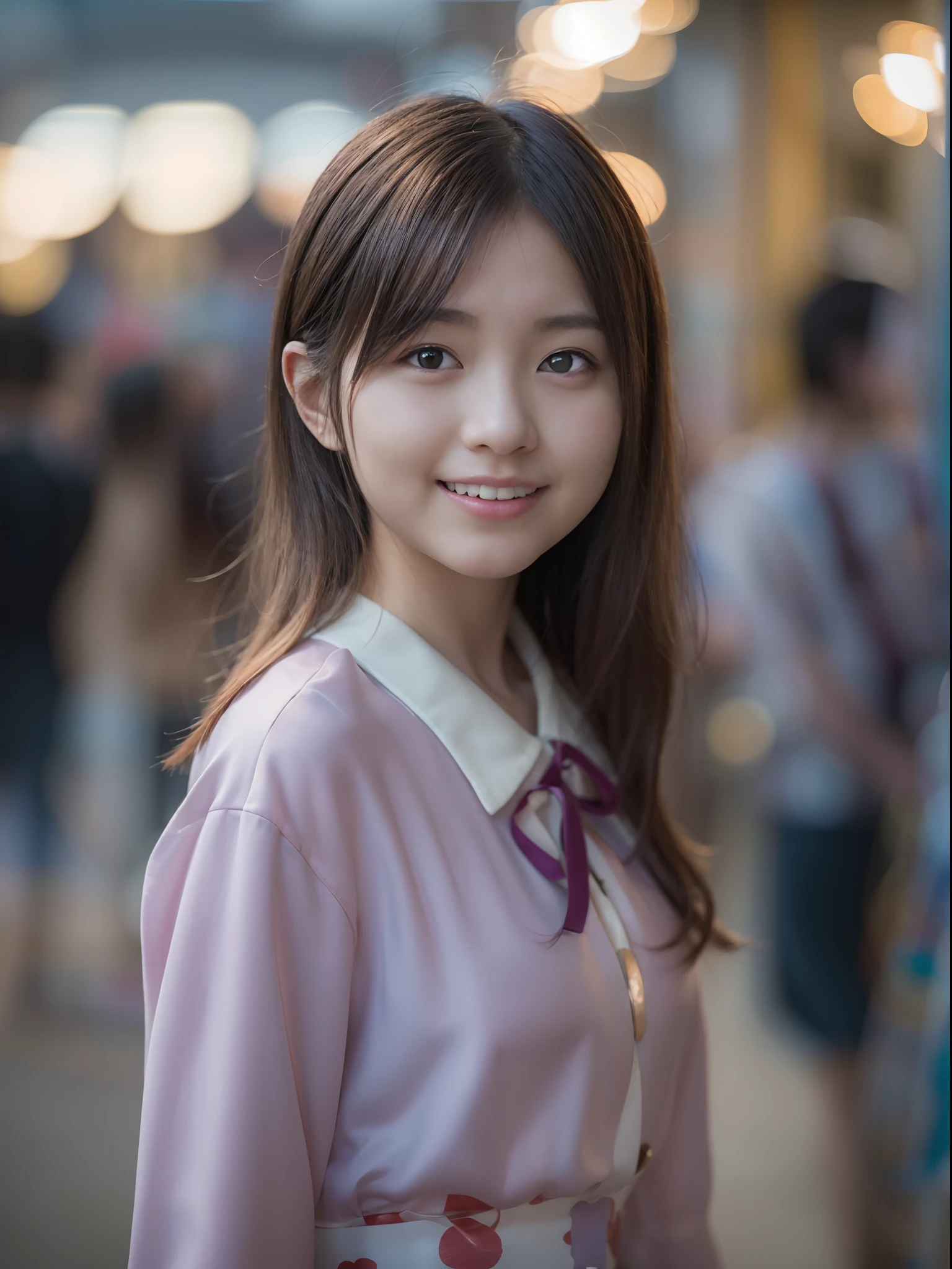 Woman Standing On The Side Of The Street、Young Asian Woman、a photography of a beautiful woman、Japan Person Model、beautiful young woman with、60mm portrait、Color photo portrait 4k、Soft portrait shots 8k、17 year old girl、Happy smile、(8K、Raw photography、top-quality、​masterpiece:1.2)、(realisitic、Photorealsitic:1.37)、ultra-detailliert、
1 girl in、cute little、独奏、Beautiful detailed sky、Detailed Cafe、natta、Standing、date、(blush of the nose)、(A smile:1.1)、(Mouth closed)、B cup breasts、seducting smile、Night amusement park、merry-go-round、profetional lighting、Sony A7R4、Zessie 50mm f1.8、
medium breasts⁩、Beautiful Detail Eye、(shirt with collar:1.1)、a bow tie、a miniskirt、(short-hair:1.2)、Floating hair、Happy smile、Happy smile、17 year old girl