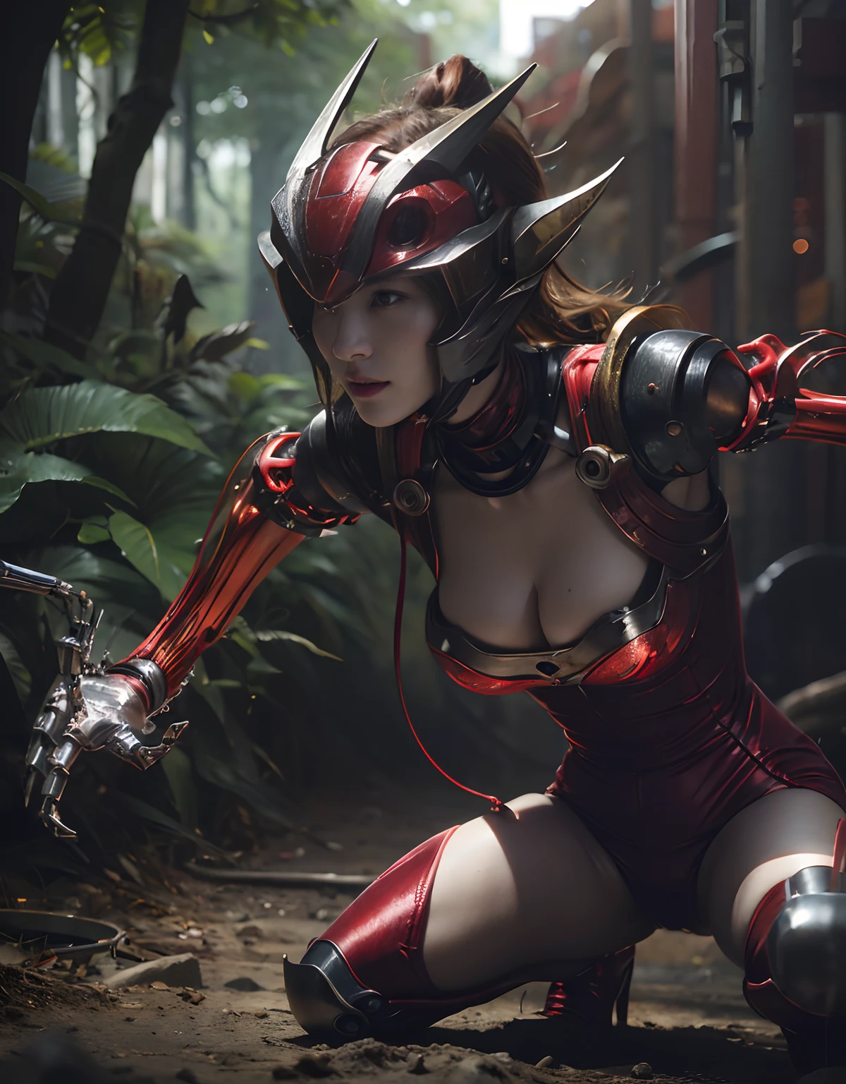(1 Mechanical Girl)、top-quality、​masterpiece、超A high resolution、(Photorealsitic:1.4)、Raw photo、女の子1人、Fight mutants、glowy skin、(((1 Mechanical Girl)))、With a beautiful knife、（Silver Metal Bodysuit）、(Kobold、ogre、Fierce battle with orcs),（Fight fiercely against aliens）、Fight fiercely、(beautiful forest background)、(Fighting Demonic Beasts)、(Small LED)、((super realistic details))、portlate、(Strong giant demon beast background),globalillumination、Shadow、octan render、8K、ultrasharp、Colossal tits、Raw skin is exposed in cleavage、metals、Details of complex ornaments、Japan details、highly intricate detail、Realistic light、(Mystical expression),CGSoation Trends、Red Eyes、radiant eyes、Facing the camera、neon details、(Mechanical limbs)、(blood vessels connected to tubes)、Mechanical vertebrae attached to the back、mechanical cervical attaching to neck、(Wires and cables connecting to the head)、Gundam、Small LED、,Mechanical thighs、Toostock、（Hands are also made of machines）、（Attack of the Monster Beasts）、（Wounded in a deadly battle）、
