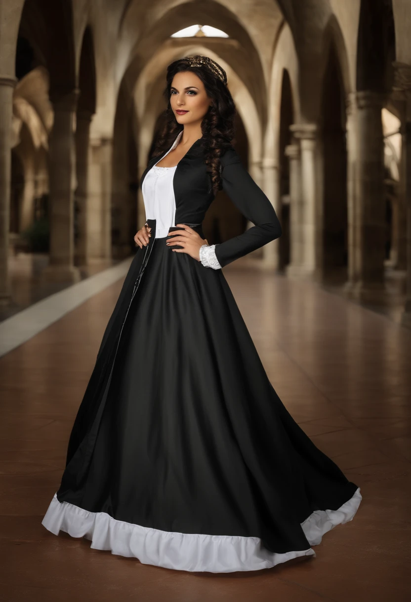 menina deslumbrante, melhor qualidade, ultra high-resolution, (fotorrealista:1.4), (cabelos pretos desbotados:1), (middlebreasts, seios normais, Seios medianos:1.4), (pontiagudo grande , alegre :1.2), droopy breasts, coxas grossas, quadris largos, ((Revealing Cleric's Cosplay)), Black cleric's dress, tiara no cabelo , Olhando para o Viewer, fechar para cima, igreja, penteado rabo de cavalo, hair tied in sections, black back hair, roupa preta, lo gothic, roupa masoquista, corpo inteiro