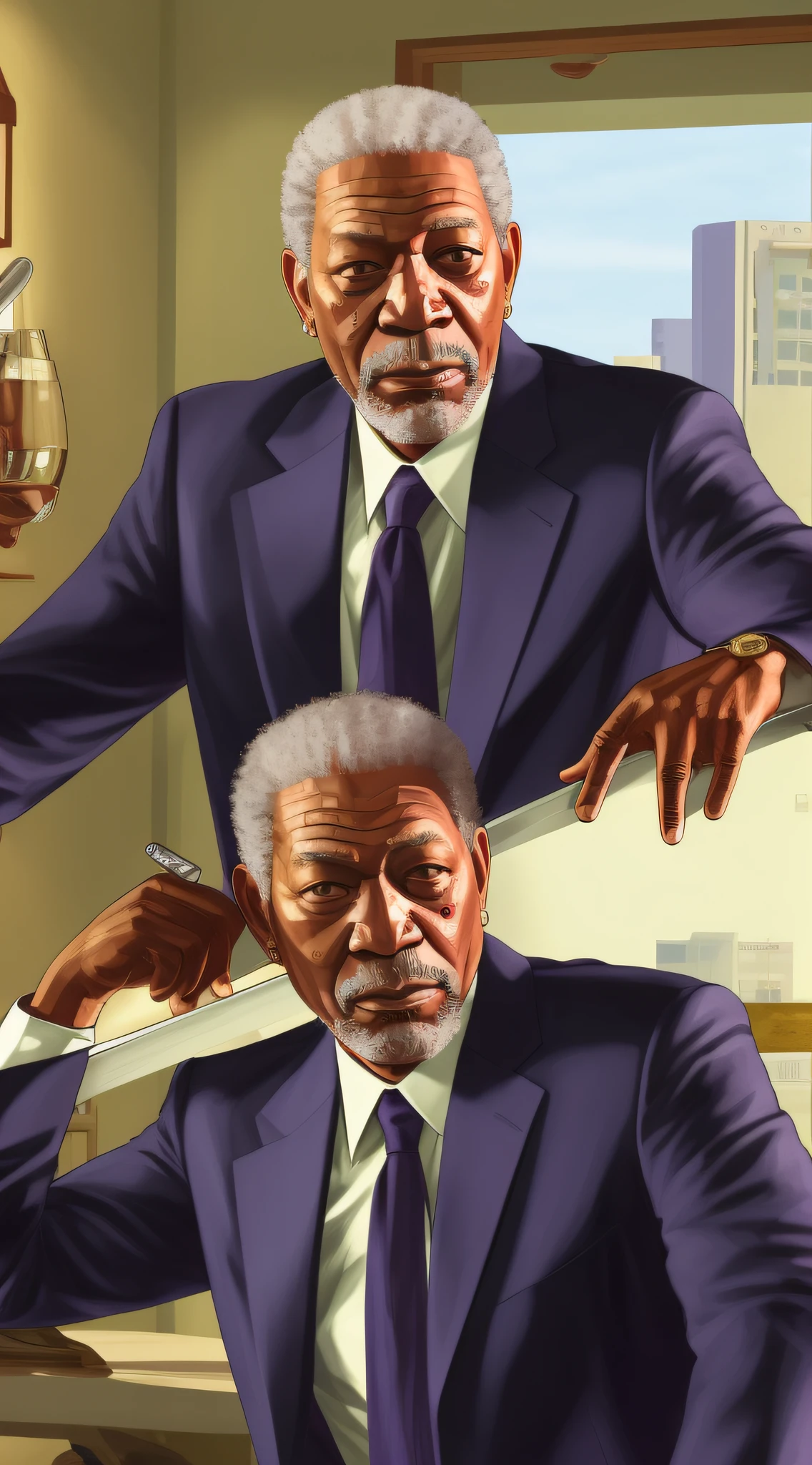 Masterpiece, best quality, Morgan Freeman, blue suit, expensive office, masterpiece, ((GTA V Style:1.1))