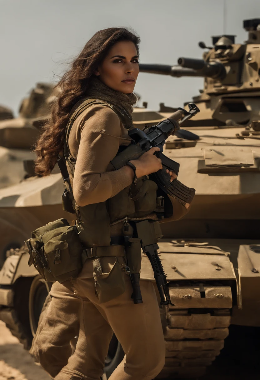 Gere uma imagem da personagem Mara, also known as 'Mara Death Dealer', do jogo Call of Duty: Guerra moderna: corpo inteiro, fisionomia cruel, ((Novo)) brincos grande, colar pulseira, rings, gold watch, na praia, sol poente, palmeiras, corpo escultural, flowing hair, ((metralhadoras, Armas, Fuzil AK-47, Granadas, gold accessories)) standing on a ((tanque de guerra Russo T-14 Armata))
sem roupa
