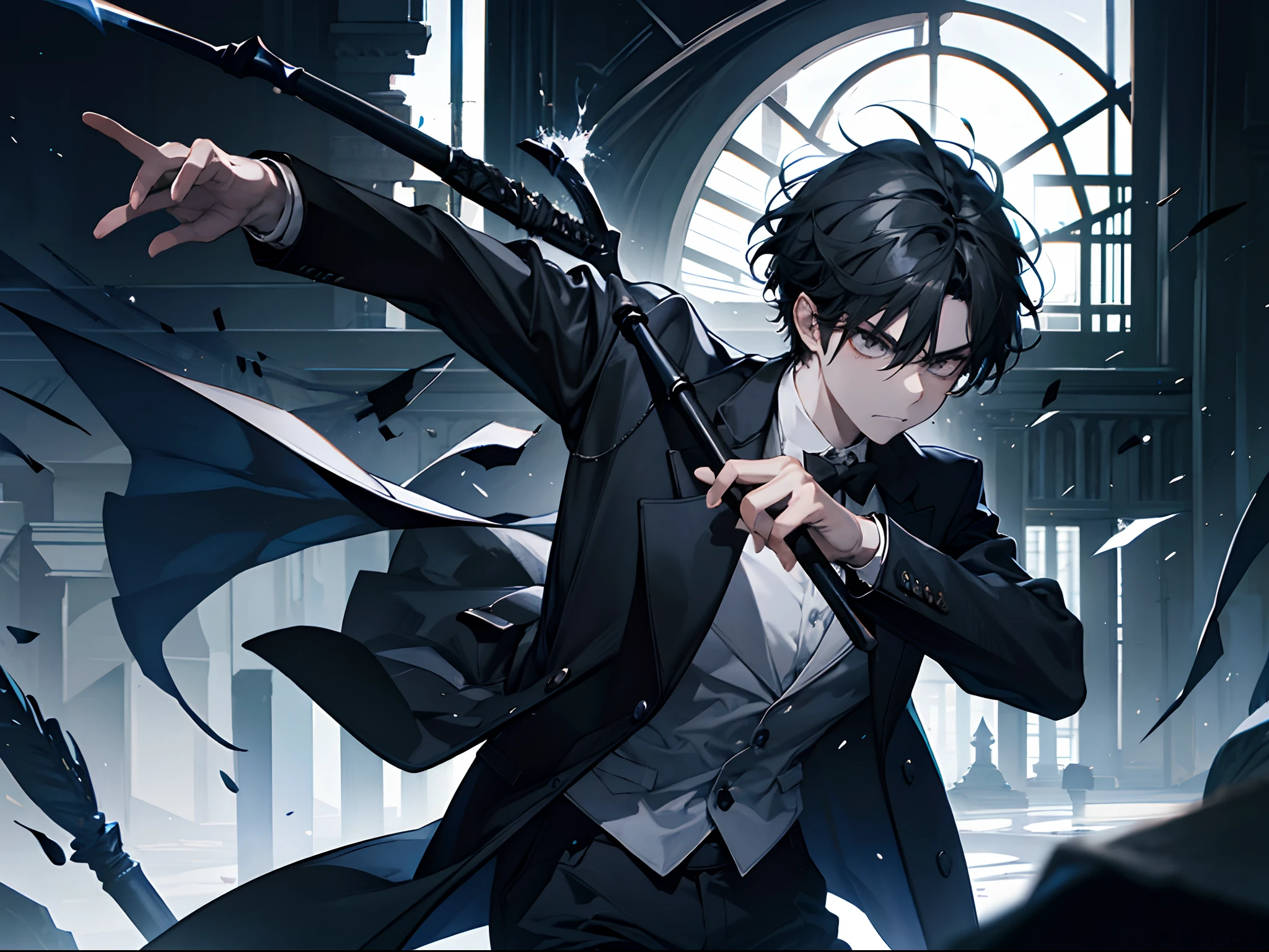 A man with a baseball bat in his hand:1.4,Wearing a black jacket:1.5,The glass that is smashing the window:1.6,An angry expression on his face:1.7,