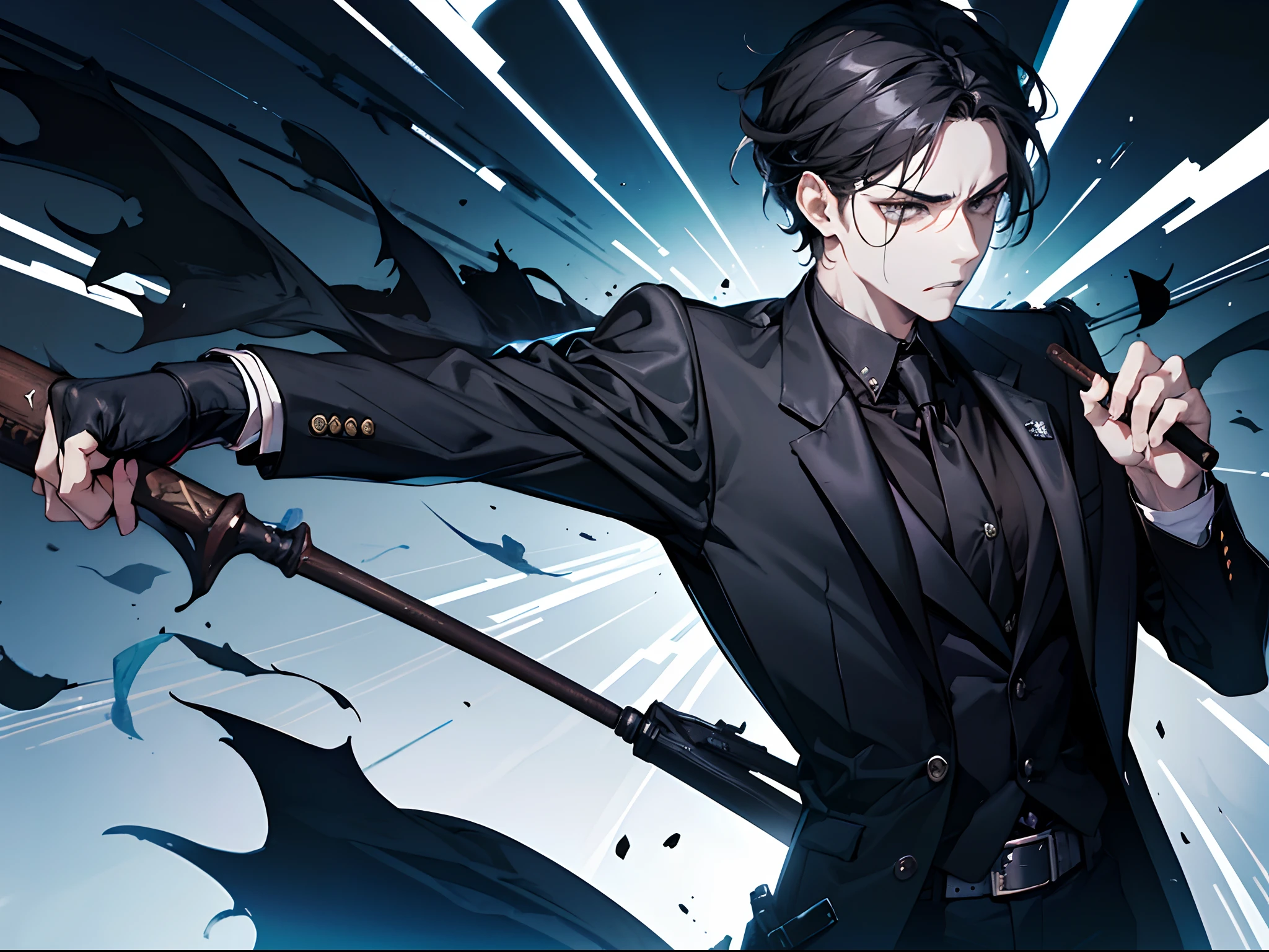 A man with a baseball bat in his hand:1.4,Wearing a black jacket:1.5,The glass that is smashing the window:1.6,An angry expression on his face:1.7,