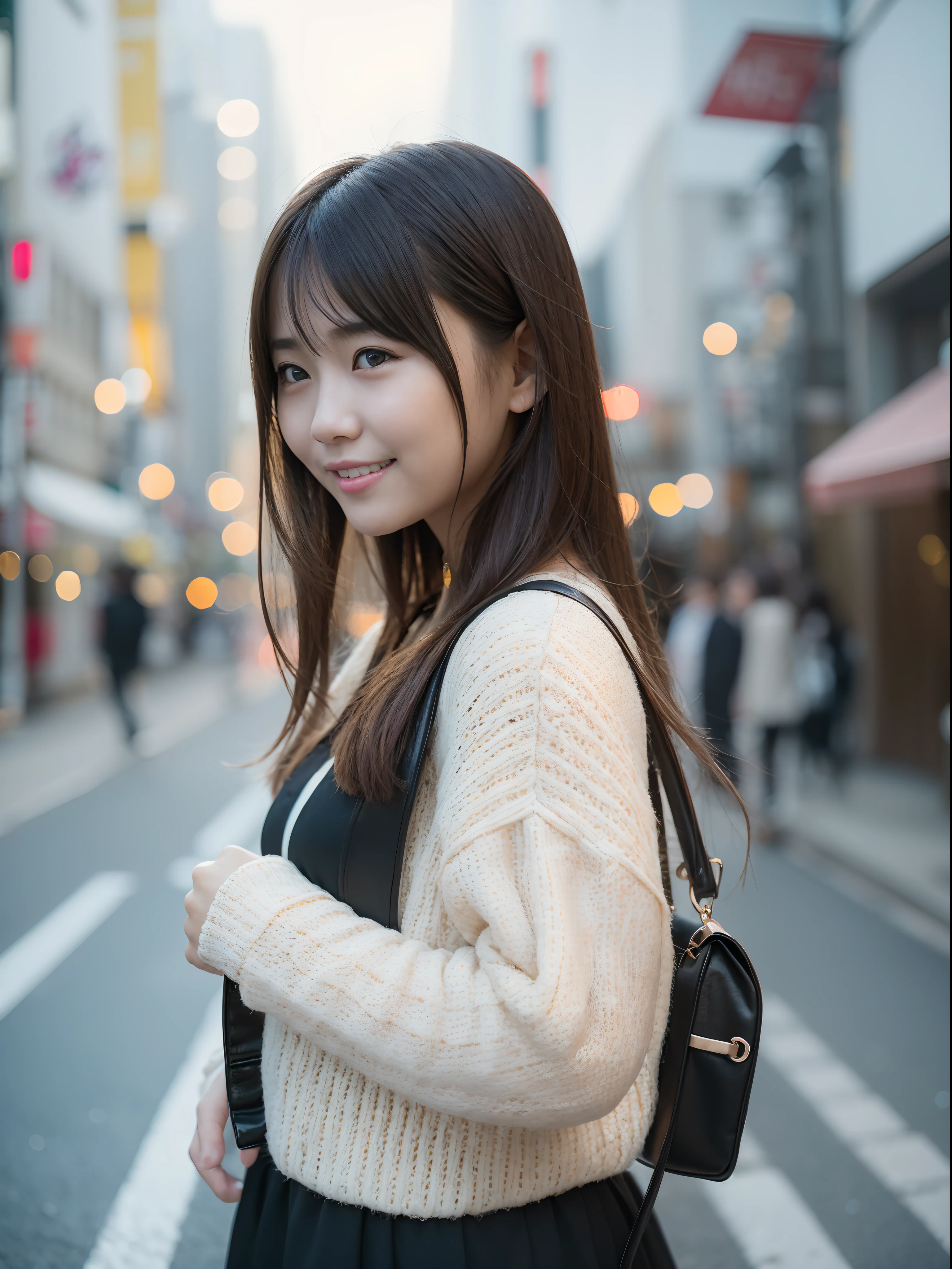 Woman Standing On The Side Of The Street、young asian woman、a photography of a beautiful woman、Japan person model、beautiful young woman with、50mm portrait、60mm portrait、cute young woman、chinaese girl、asian female、Color photo portrait 4k、Soft portrait shots 8k、beautiful young korean woman、17 year old girl、Happy smile