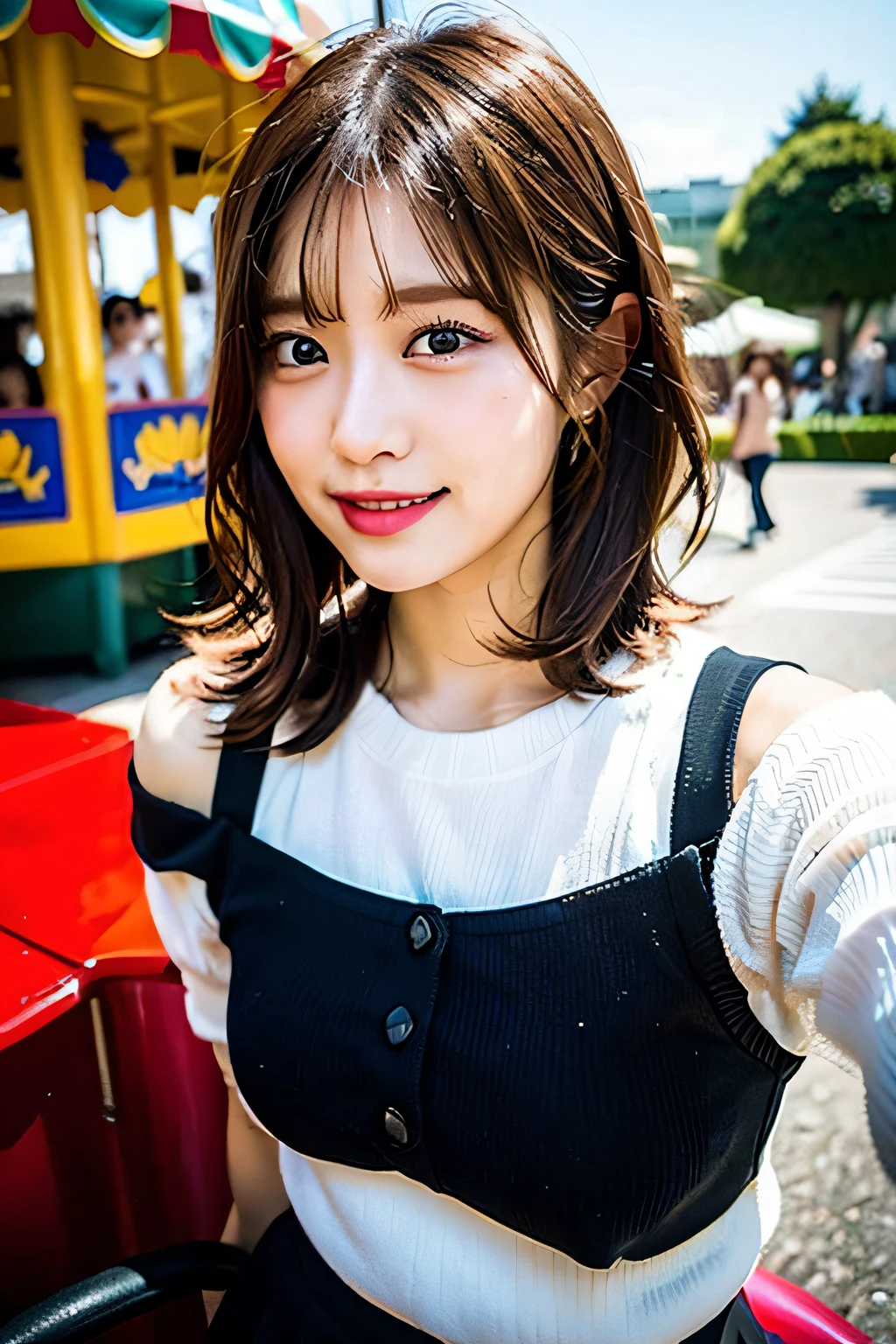 top-quality、超A high resolution、Photorealsitic、1人、White sweater emphasizing off-shoulder breasts、tight skirts、Ride the amusement park merry-go-round、View the selfie viewer with the camera in one hand、Footage taken with your own camera、selfie photo、(Red-brown wavy bob cut hair、Floating hair)、huge-breasted、a closeup、