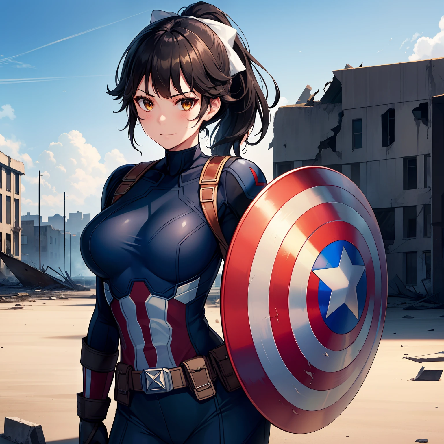 1girl,,big breasts,standing in ruined city,(8k),scratches,detailed face,black hair,brown eyes,very long hair,embarassed,small smile face,ponytail,hair, high_res, high_definition,the battlefield,battle pose,blue suit,Shield, (Captain America Custome:1.1),