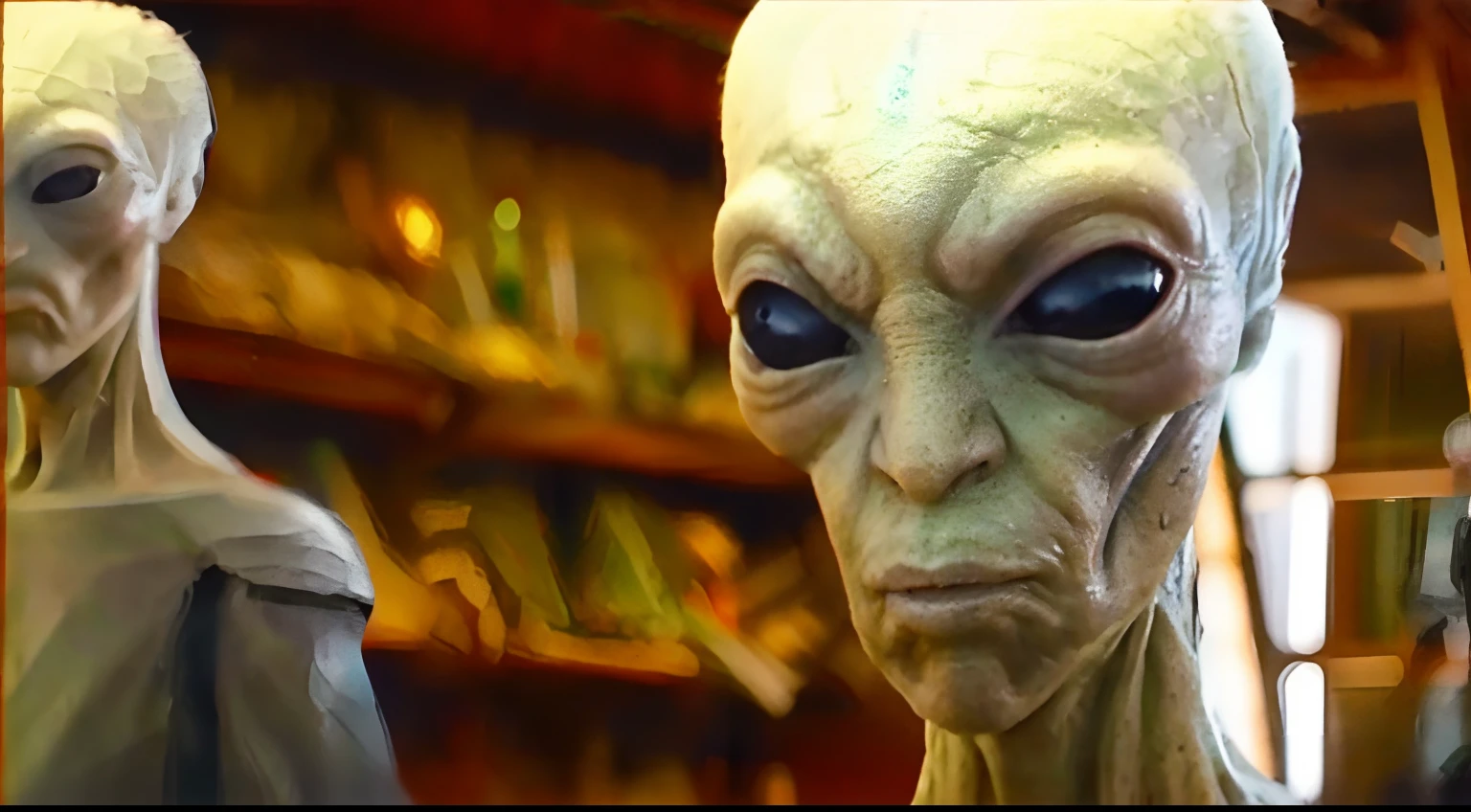 Alien heads are shown in a shop with bottle shelves, Reptilian space alien, alien looking, realistic alien, grotesque large alien, Extraterrestres, Affectionate alien life form, extraterrestial, alien shop, extraterrestrials reach for him, extraterrestre, movie still of the alien girl, Space alien, Grey alien