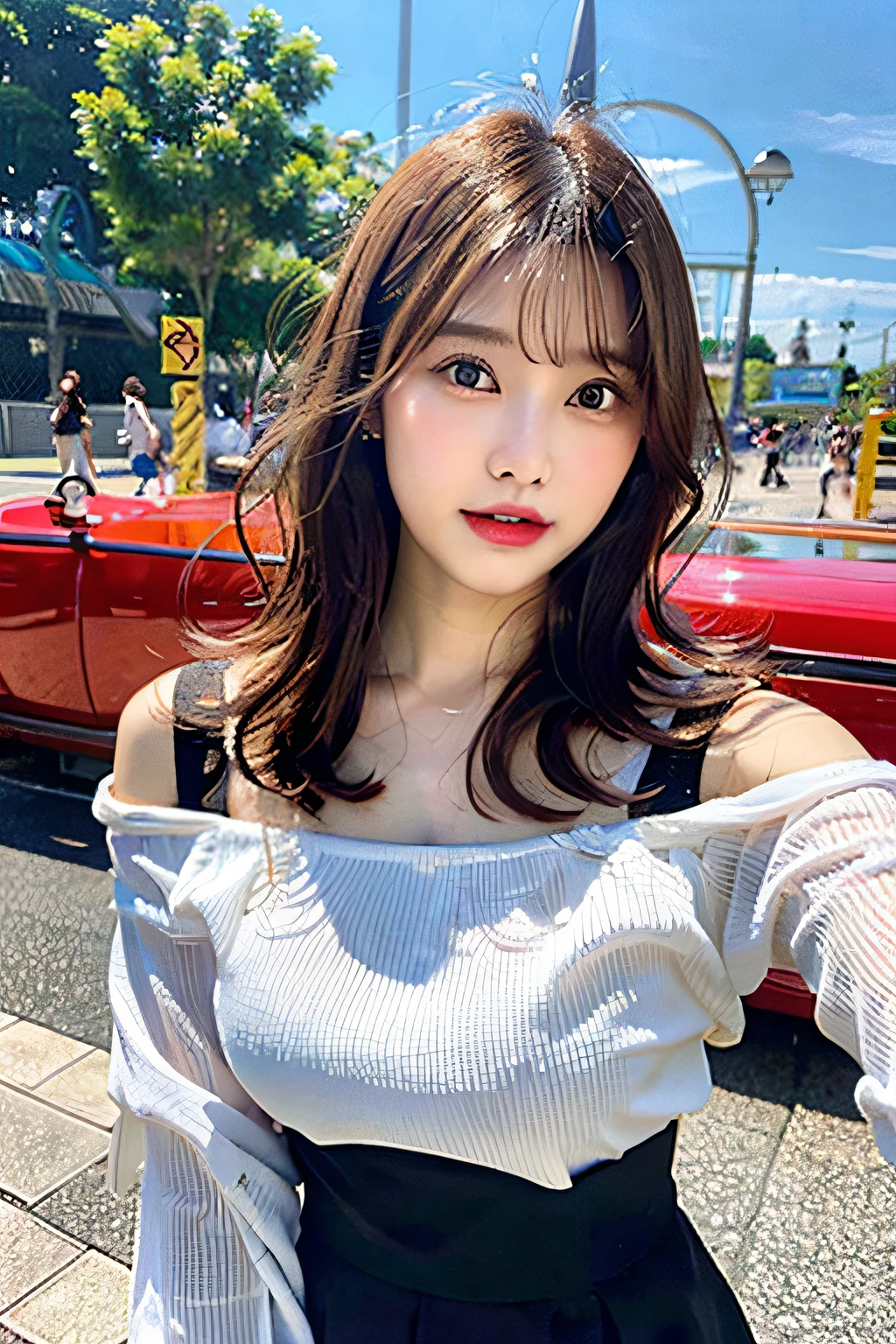 top-quality、超A high resolution、Photorealsitic、1 Idol Girl、with round face、White lace loose shirt emphasizing off-shoulder chest、tight skirts、Amusement park roller coaster in the background、Take a selfie with the camera in one hand、Footage taken with your own camera、selfie photo、(Red-brown wavy bob cut hair、Floating hair)、huge-breasted、Selfie close-up、Look at viewers、