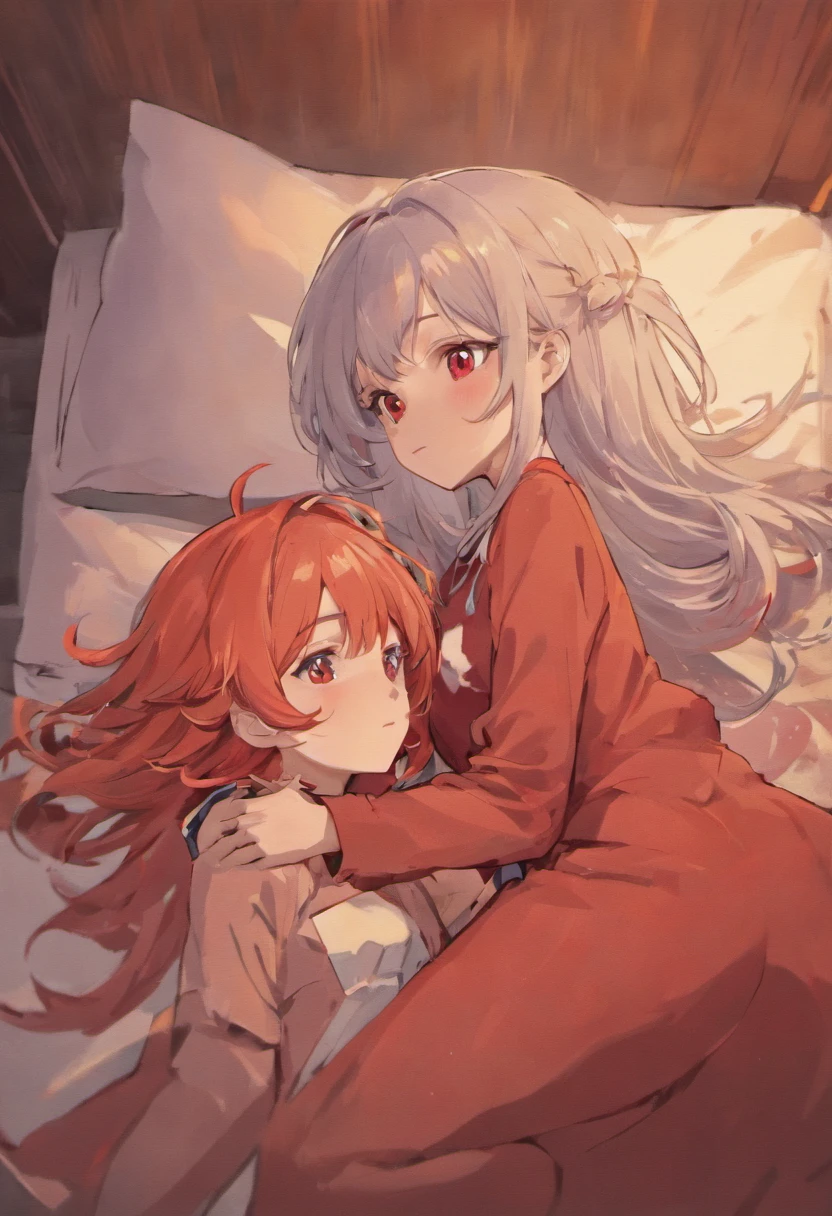 12year old，ember，Silver-haired red eyes，，kneeling on a bed，Spread your legs，Very skinny，thin waist and thin legs，Two boys kiss together