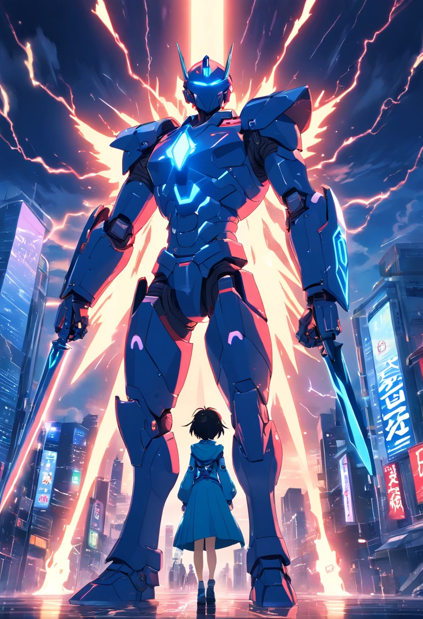 Blue Ghost Hunter, (Giant: 1.6), Super Cool Ghost Killer, Wearing blue mechanical armor, Surrounded by lightning, holding samurai sword, standing at front, super detailed, Realistic, shiny, Reflective, bio luminescent, Galaxy Control Mask, mechs, (The executioner was hanged:1.2), Cape, SH4G0D, GlowingRunes_Red, Full body, movie, Dark background, Backlight, High contrast, Advanced metropolis、cosmic space、1人
