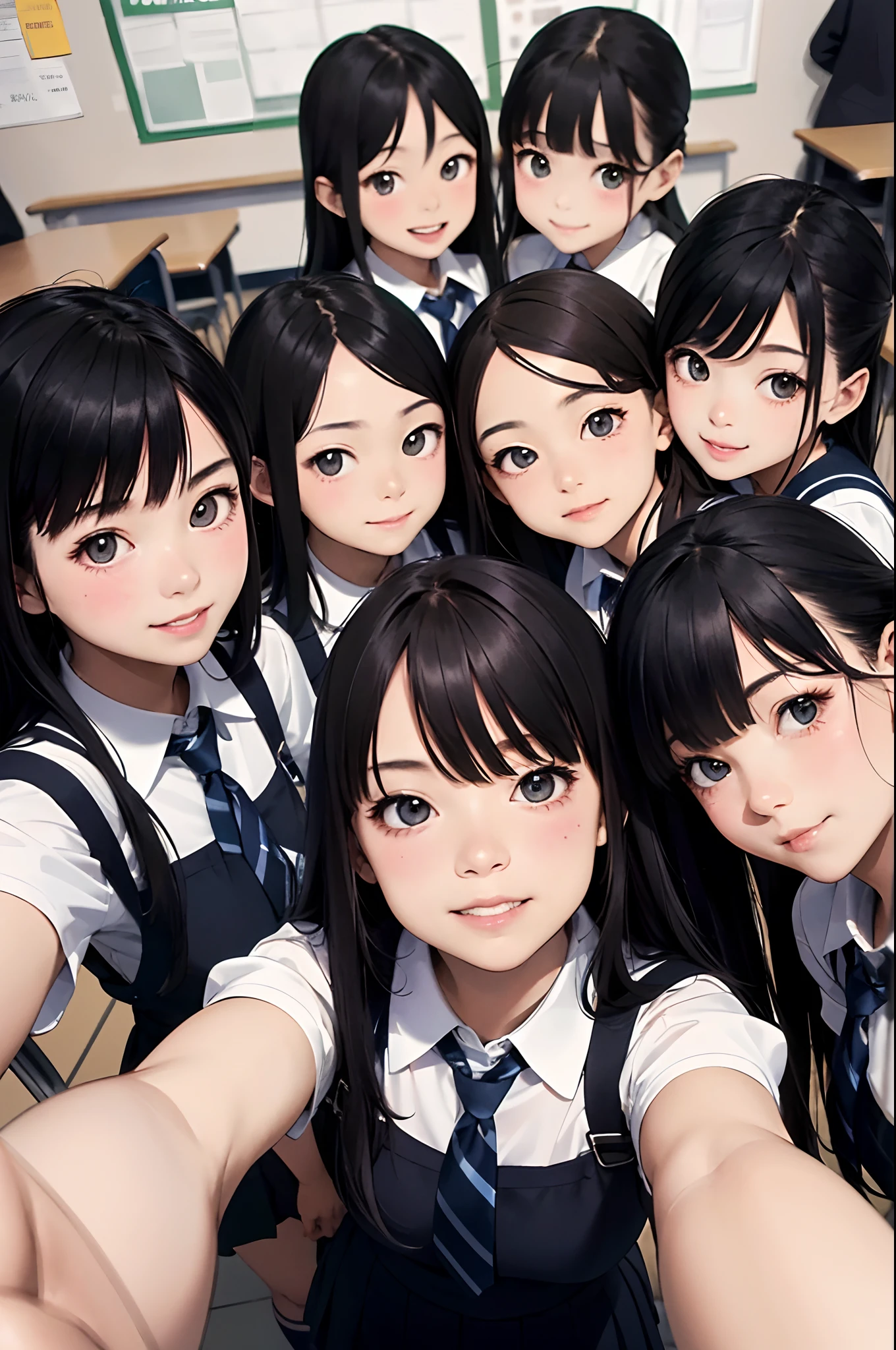 (top-quality、in 8K、32K、masterpiece、nffsw、超A high resolution、Impresionismo、Photorealsitic:1.2)、Angle from above、High angle、Colossal tits、cowboy shot, detailed faces and eyes、 Inside the classroom、Schools、Evening glow、beauitful face、blurry backround、-yeld beiful girl、shinny skin、long、Beautiful black hair、Blunt bangs、Invincible smile、Gray eyes、(embracing each other:1.2)、Schoolgirlittle girl、Be o girls、