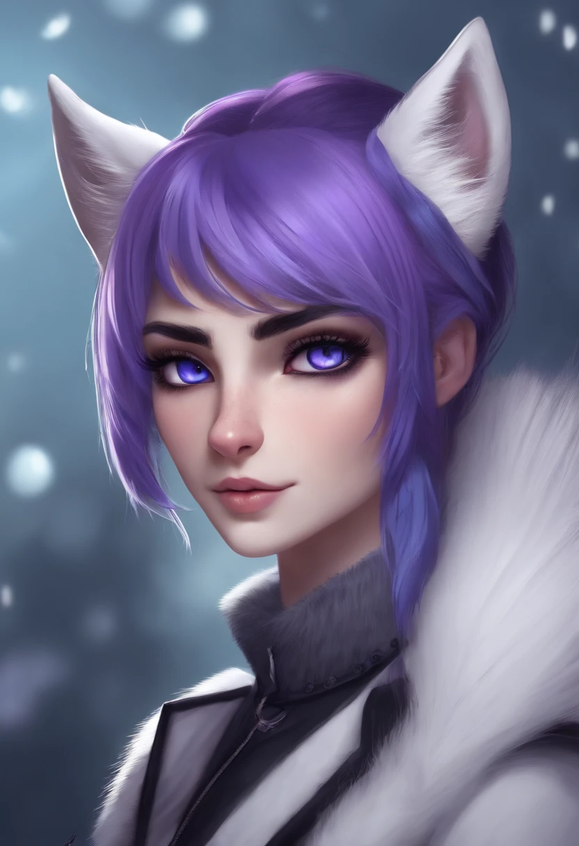 Arctic Fox Furry Anthro, Purple hair in pony tail, Gray eyes, Goth with blue accents, Slim but masculine, Teen, Non-Human