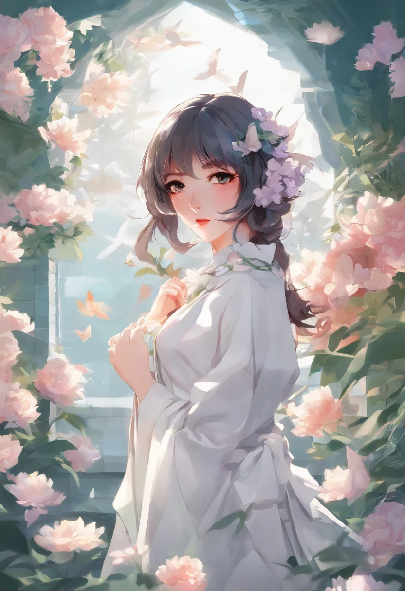 anime girl in a white dress holding a flower in a garden, beautiful anime artwork, beautiful anime art, guweiz on pixiv artstation, guweiz on artstation pixiv, beautiful anime, by Yang J, a beautiful artwork illustration, beautiful anime portrait, artwork in the style of guweiz, anime fantasy artwork, anime art wallpaper 4 k