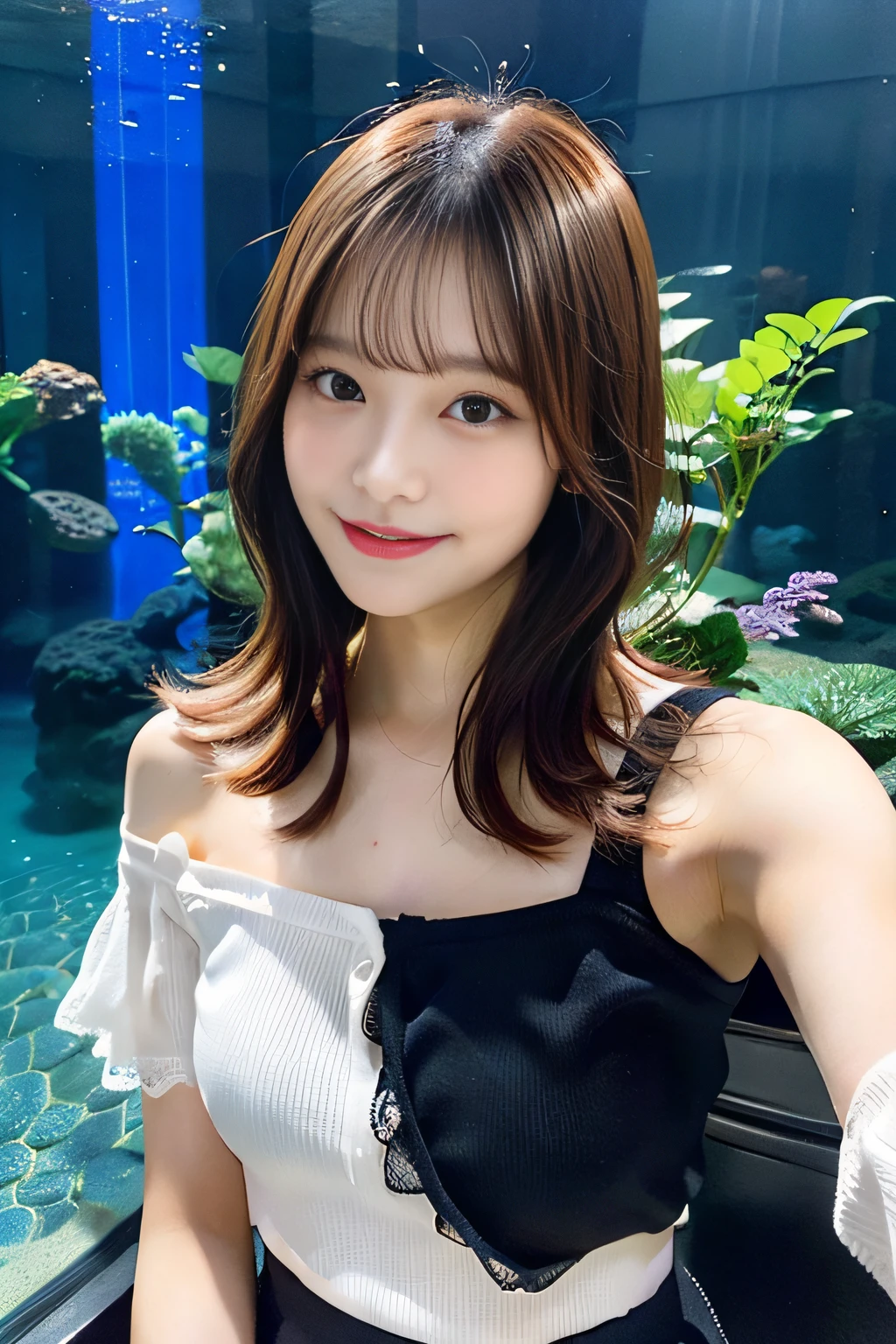 Best Quality, 超A high resolution,Realistic,Solo Idol Girl,Round face,Happy smile,Duck mouth,Large breasts,White lace loose shirt emphasizing off-shoulder chest、,Sexy tight skirt,Glossy reddish-brown shorthair,Holding the camera in one hand、taking selfie,Holding the camera in one hand、taking selfie,Videos taken with the camera,selfie photo,In front of a large aquarium,Detailed skin of a school of fish swimming in an aquarium,realistic shadow, Professional Lighting,