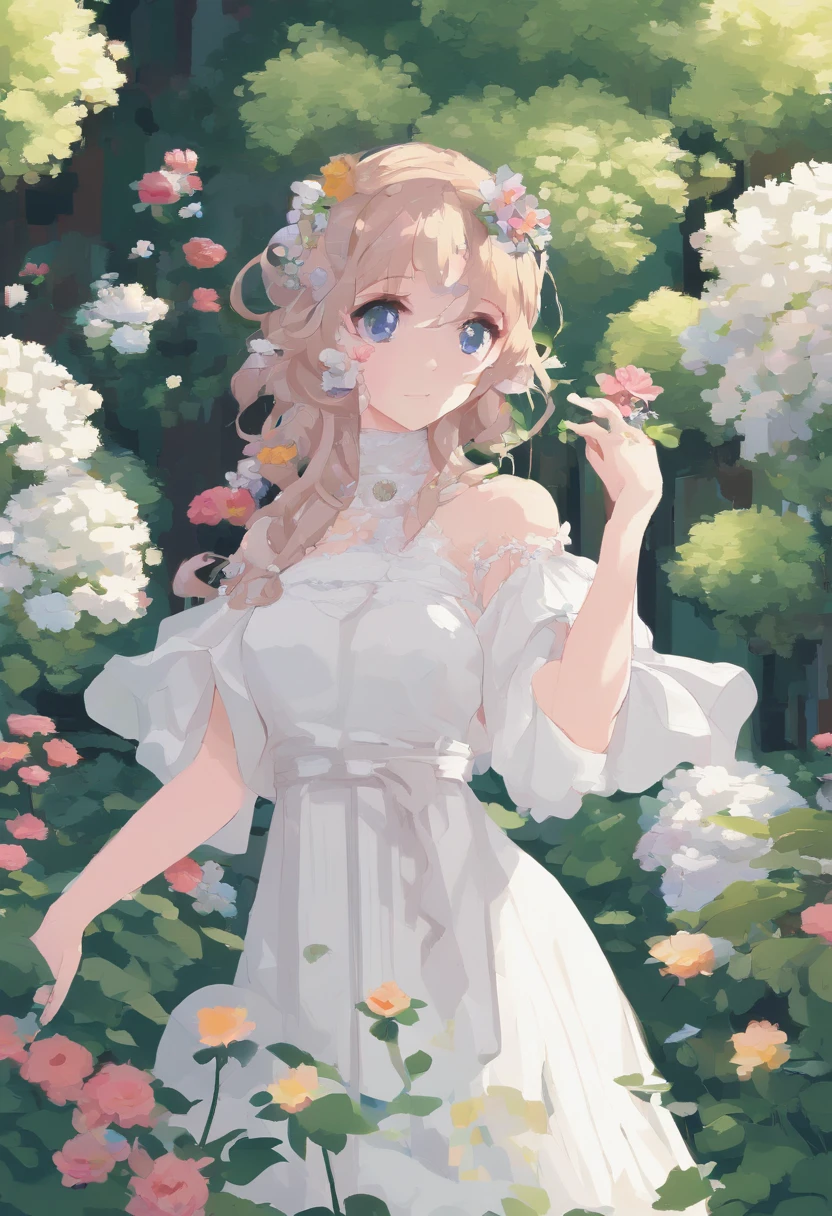 anime girl in a white dress holding a flower in a garden, beautiful anime artwork, beautiful anime art, guweiz on pixiv artstation, guweiz on artstation pixiv, beautiful anime, by Yang J, a beautiful artwork illustration, beautiful anime portrait, artwork in the style of guweiz, anime fantasy artwork, anime art wallpaper 4 k