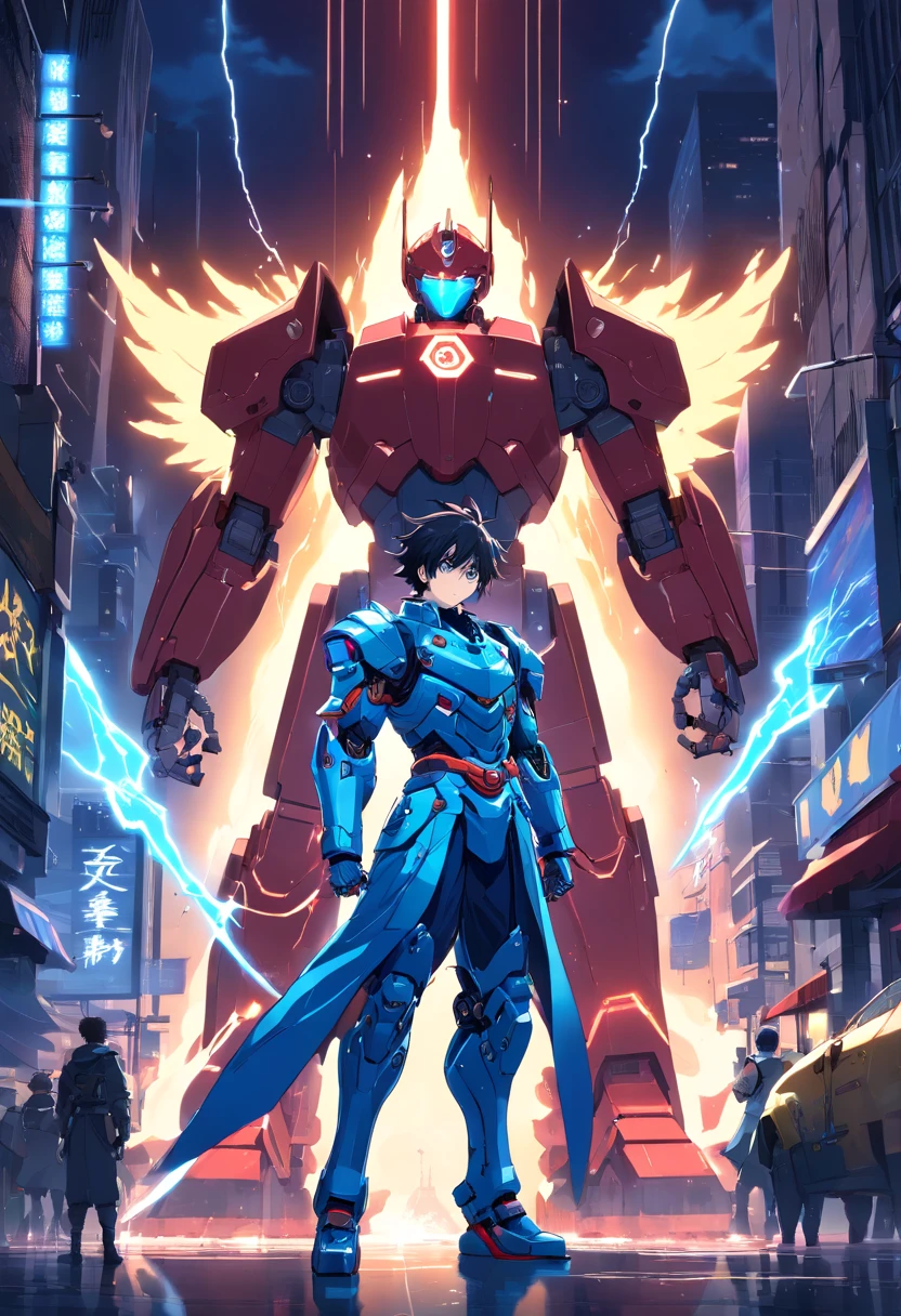 Blue Ghost Hunter, (Giant: 1.6), Super Cool Ghost Killer, Wearing blue mechanical armor, Surrounded by lightning, holding samurai sword, standing at front, super detailed, Realistic, shiny, Reflective, bio luminescent, Galaxy Control Mask, mechs, (The executioner was hanged:1.2), Cape, SH4G0D, GlowingRunes_Red, Full body, movie, Dark background, Backlight, High contrast, Advanced metropolis、cosmic space、Robots only