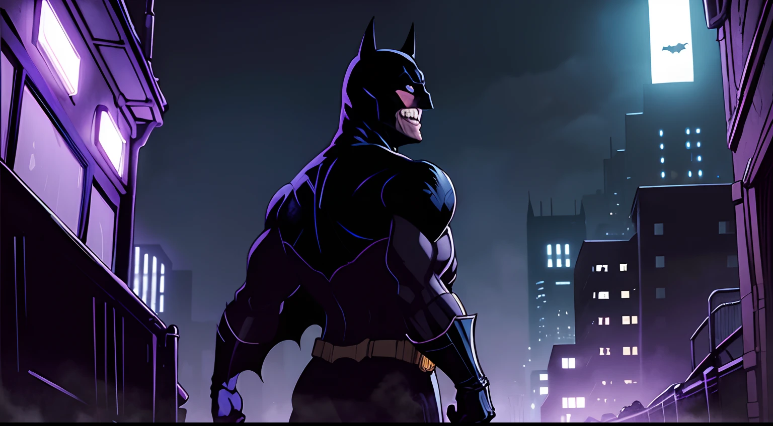 backside view, batman, closup face, dark shadowy figure, creepy laugh, scary, gotham city alley background, night time