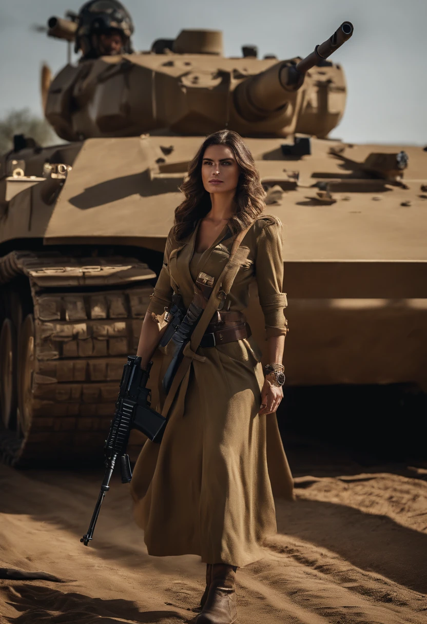 Gere uma imagem da personagem Mara, also known as 'Mara Death Dealer', do jogo Call of Duty: Guerra moderna: corpo inteiro, fisionomia cruel, ((Novo)) brincos grande, colar pulseira, rings, gold watch, na praia, sol poente, palmeiras, corpo escultural, flowing hair, ((metralhadoras, armas, Fuzil AK-47, Granadas, gold accessories)) standing on a ((tanque de guerra Russo T-14 Armata))
sem roupa