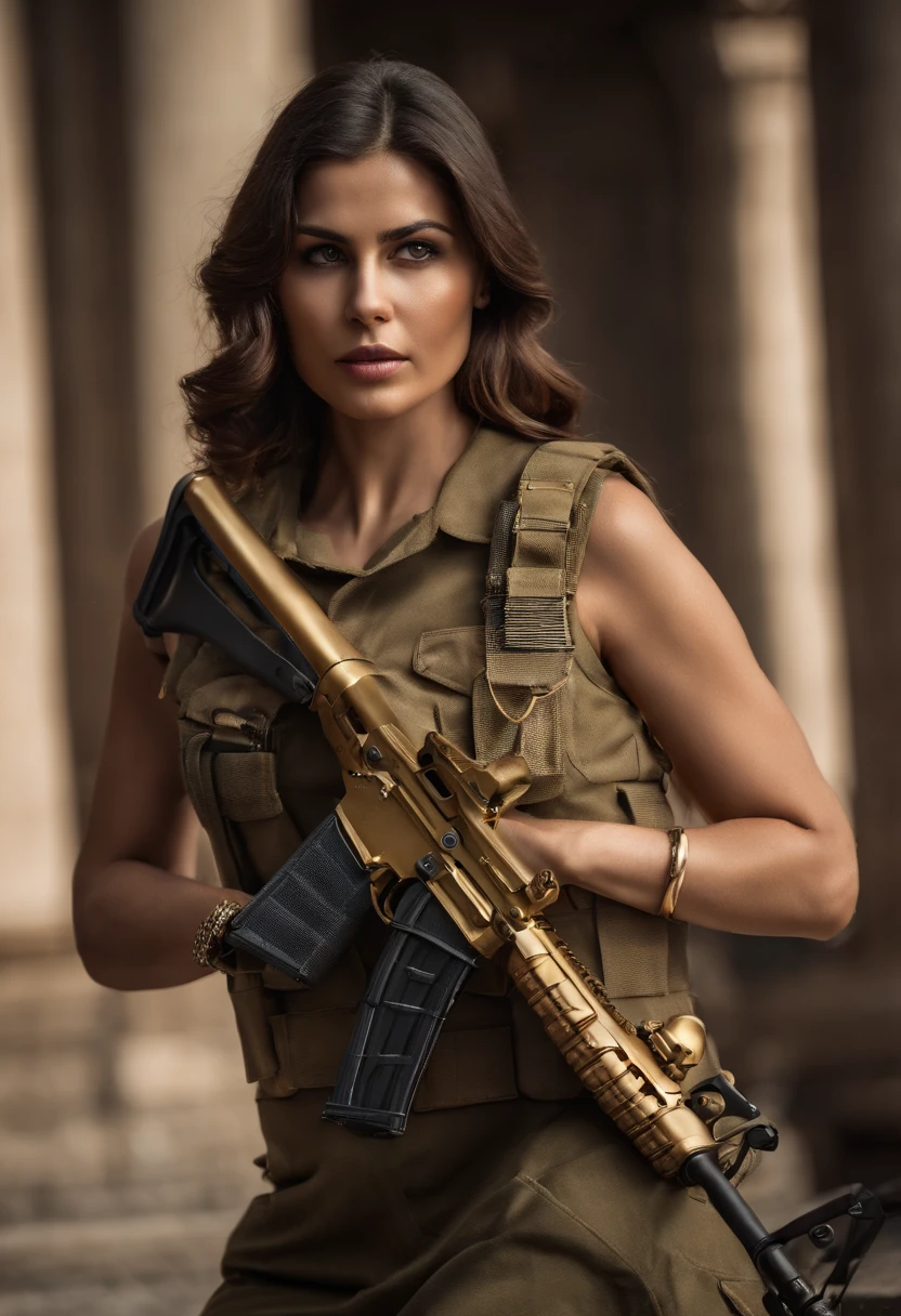 Gere uma imagem da personagem Mara, also known as 'Mara Death Dealer', do jogo Call of Duty: Guerra moderna: corpo inteiro, fisionomia cruel, ((Novo)) brincos grande, colar pulseira, rings, gold watch, na praia, sol poente, palmeiras, corpo escultural, flowing hair, ((metralhadoras, armas, Fuzil AK-47, Granadas, gold accessories)) standing on a ((tanque de guerra Russo T-14 Armata))
sem roupa