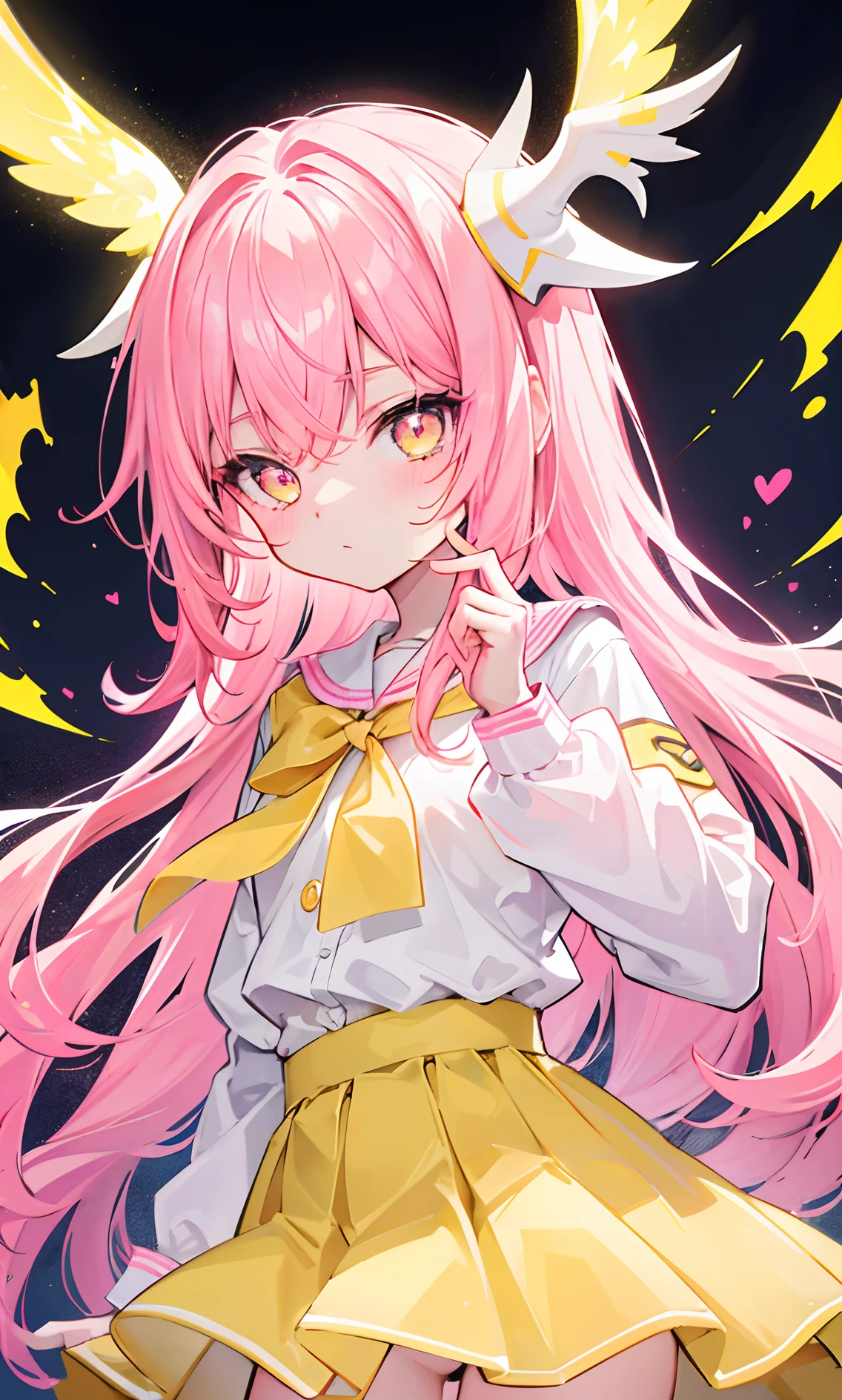 Glowing light pink yellow with hair and pupils，They are also fluorescent，A school uniform in a glowing pink, yellow and white color，Very tender and shiny face，It also fluoresces，The whole is shining，It's a sweet loli girl