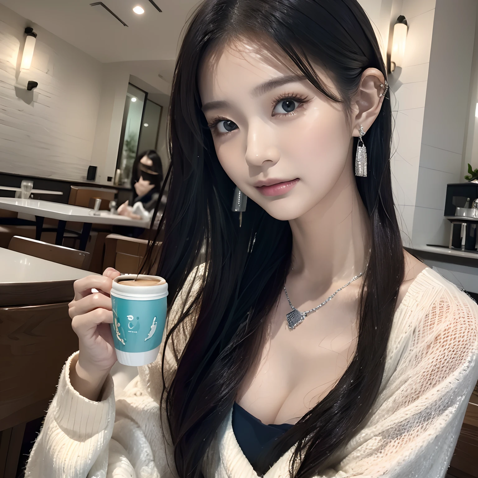 (top-quality、8k、​masterpiece:1.3)、Beautiful Women in Perfect Figure:1.4、dark brown hair、Wearing a pendant、Drinking coffee in a café、extremely detailed face and skin、A detailed eye、二重まぶた、a smile