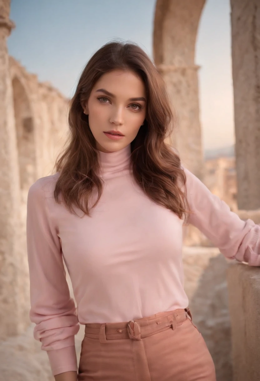 Enigmatic atmosphere, Atmospheric, ethereal quality,Realistic,Beautiful and Aesthetic,, sozinho,virilha,pink turtleneck, brown pants,(NSFW:0.85),, Democracia,, power station,, (Ambiente brilhante, brilho encantador, luminous lighting, ethereal atmosphere, brilho hipnotizante, matizes evocativos, captivating coloration, dramatic lighting, Aura encantadora),