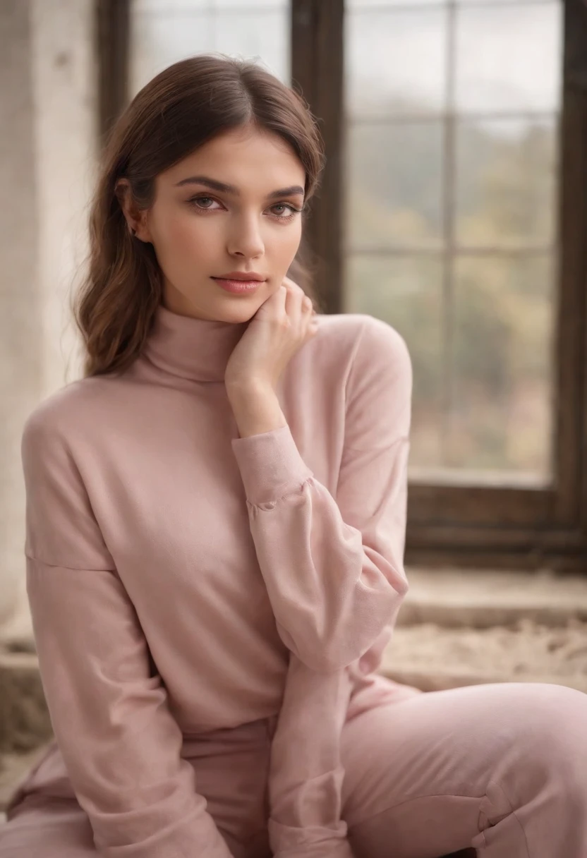 Enigmatic atmosphere, Atmospheric, ethereal quality,Realistic,Beautiful and Aesthetic,, sozinho,virilha,pink turtleneck, brown pants,(NSFW:0.85),, Democracia,, power station,, (Ambiente brilhante, brilho encantador, luminous lighting, ethereal atmosphere, brilho hipnotizante, matizes evocativos, captivating coloration, dramatic lighting, Aura encantadora),