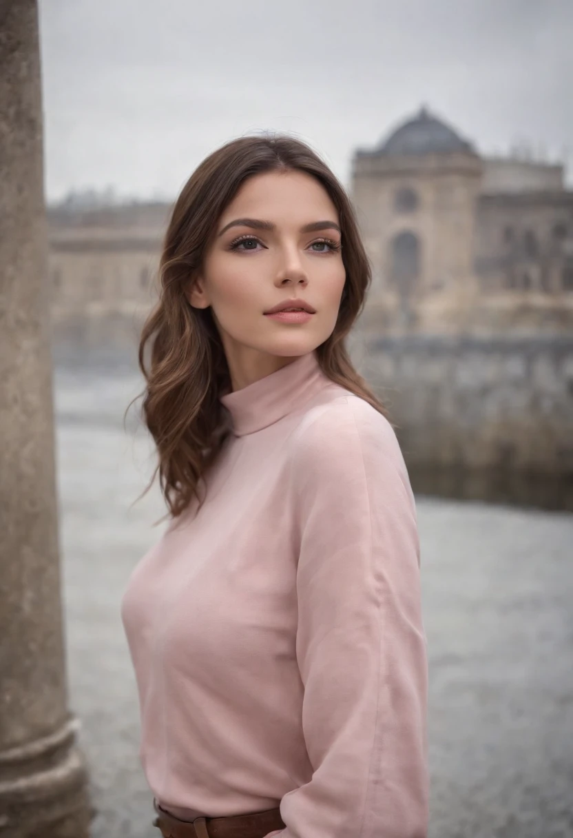 Enigmatic atmosphere, Atmospheric, ethereal quality,Realistic,Beautiful and Aesthetic,, sozinho,virilha,pink turtleneck, brown pants,(NSFW:0.85),, Democracia,, power station,, (Ambiente brilhante, brilho encantador, luminous lighting, ethereal atmosphere, brilho hipnotizante, matizes evocativos, captivating coloration, dramatic lighting, Aura encantadora),