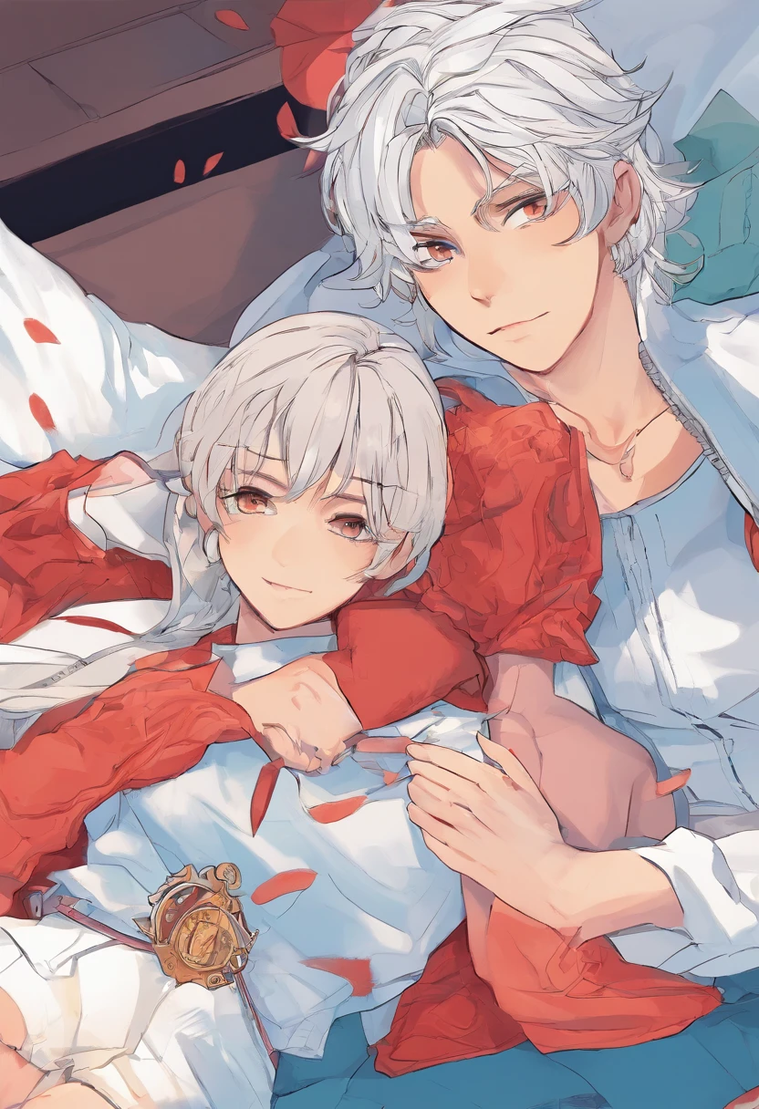 12year old,ember,Silver-haired red eyes,,kneeling on a bed,Spread your legs,Very skinny,thin waist and thin legs,Two boys kissing together